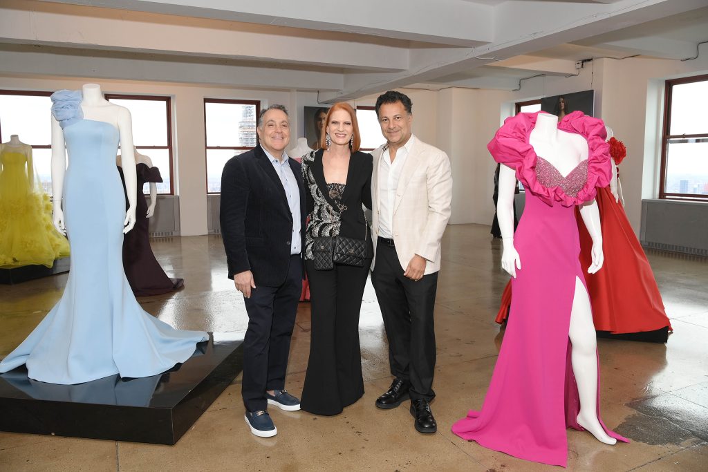 New York, 04/04/2024 - Jovani Sustainable Bridal Collection at the Empire State Building. Abraham Maslavi, Co-Founder - JOVANI Fashion, Julie DuRocher, Design Director - JOVANI Fashion and Saul Maslavi - President and CEO - JOVANI Fashion. Photo by: Michael Simon/startraksphoto.com