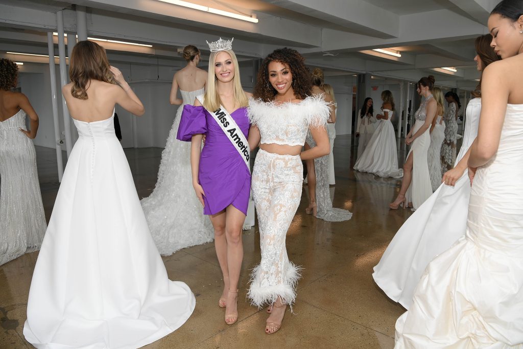 New York, 04/04/2024 - Jovani Sustainable Bridal Collection at the Empire State Building. Madison Isabella Marsh / Miss America 2024 and Taryn Delanie Smith.  Photo by: Michael Simon/startraksphoto.com 