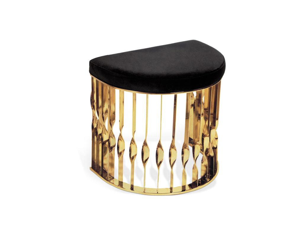 KOKET | Black & Gold | Mandy Stool

This fluid and unusual stool transcends design and jewellery. Conceived from a cuff bracelet, the Mandy stool will embellish any setting with its soft black velvet upholstery and a base in twisted high-gloss polished brass.