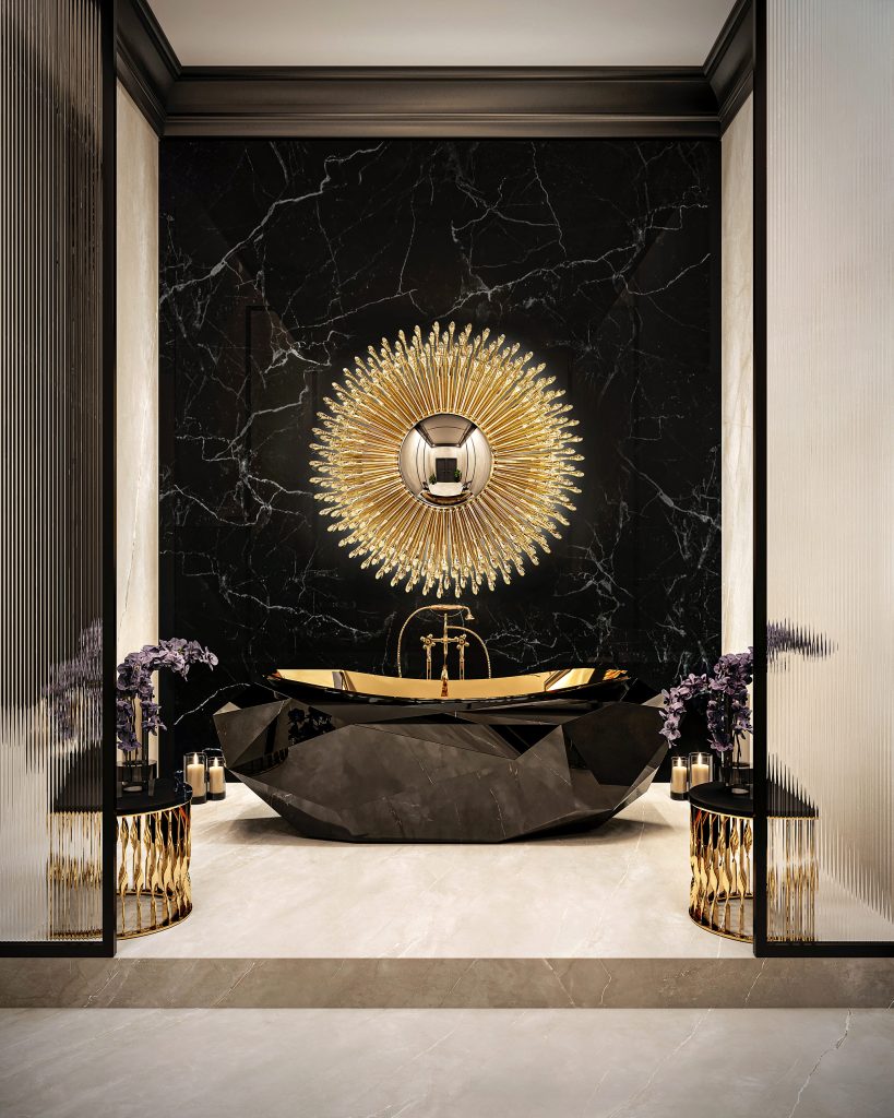 Goddess Mirror, Mandy Stool by KOKET & Diamond Bathtub by Maison Valentina

Luxury Bathroom Project featuring KOKET's exquisite Goddess Mirror, the iconic Mandy Stool and the divine Diamond Bathtub by Maison Valentina.