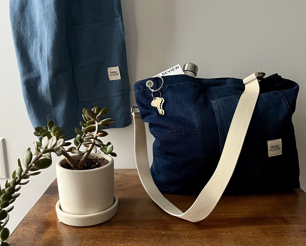 Park + Coop - Sustainable upcycled denim apron for adults and market bags.