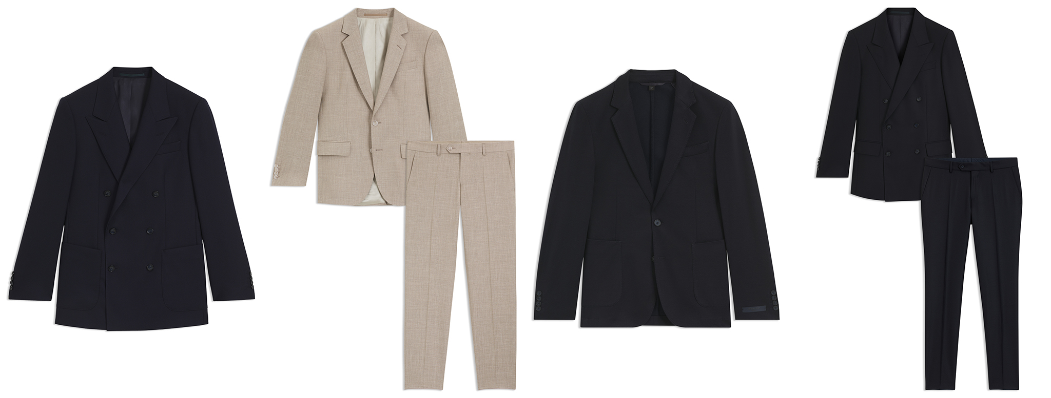 Double-breasted Blazer in Stretch Wool and Two-piece Suits in Virgin Wool, Silk and Linen