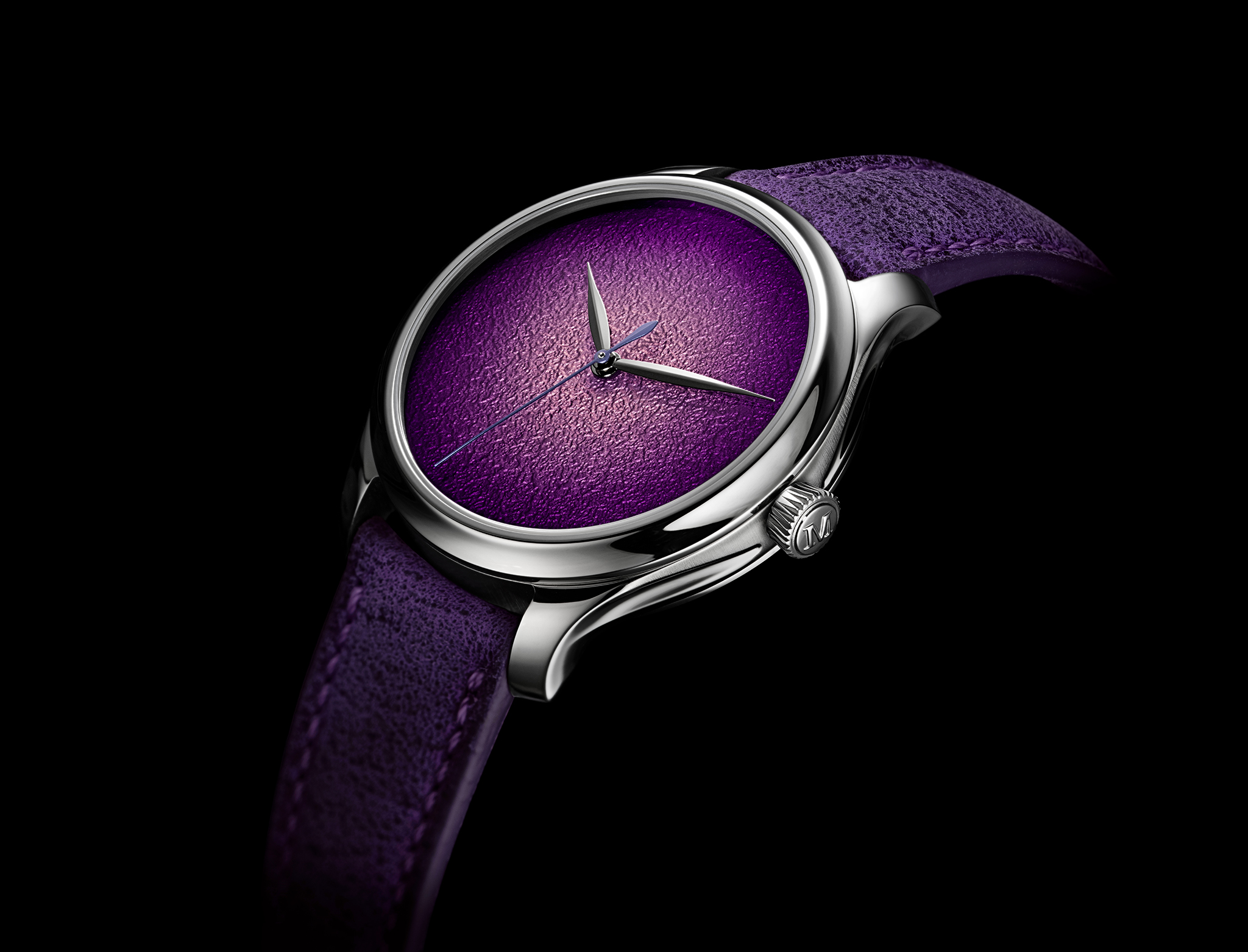 The Endeavour Centre Seconds Concept Purple Enamel by H. Moser & Cie., reference 1201-1200, steel model, Purple Haze fumé dial, purple kudu leather strap.