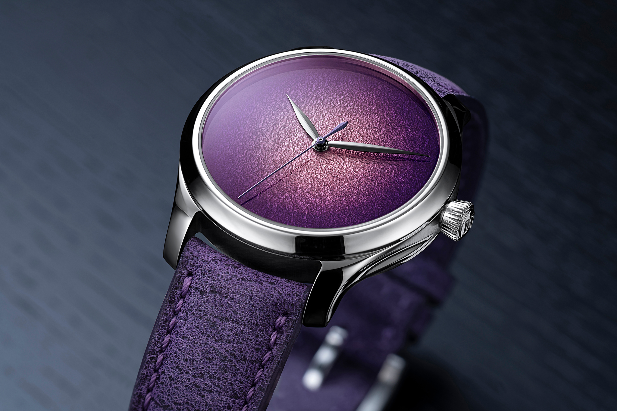 The Endeavour Centre Seconds Concept Purple Enamel by H. Moser & Cie., reference 1201-1200, steel model, Purple Haze fumé dial, purple kudu leather strap.
