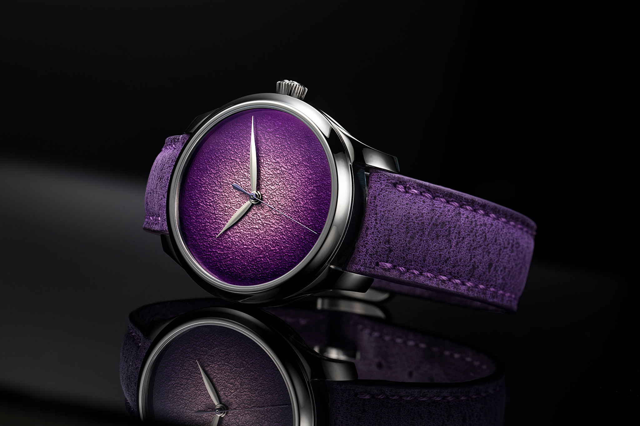 The Endeavour Centre Seconds Concept Purple Enamel by H. Moser & Cie., reference 1201-1200, steel model, Purple Haze fumé dial, purple kudu leather strap.