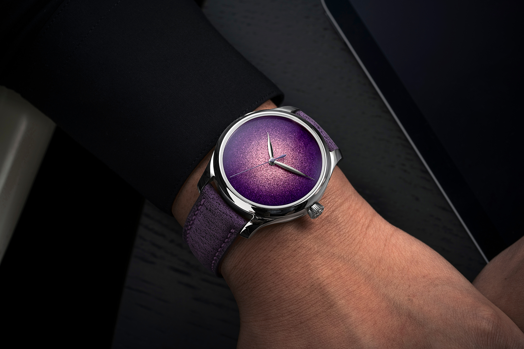 The Endeavour Centre Seconds Concept Purple Enamel by H. Moser & Cie., reference 1201-1200, steel model, Purple Haze fumé dial, purple kudu leather strap.