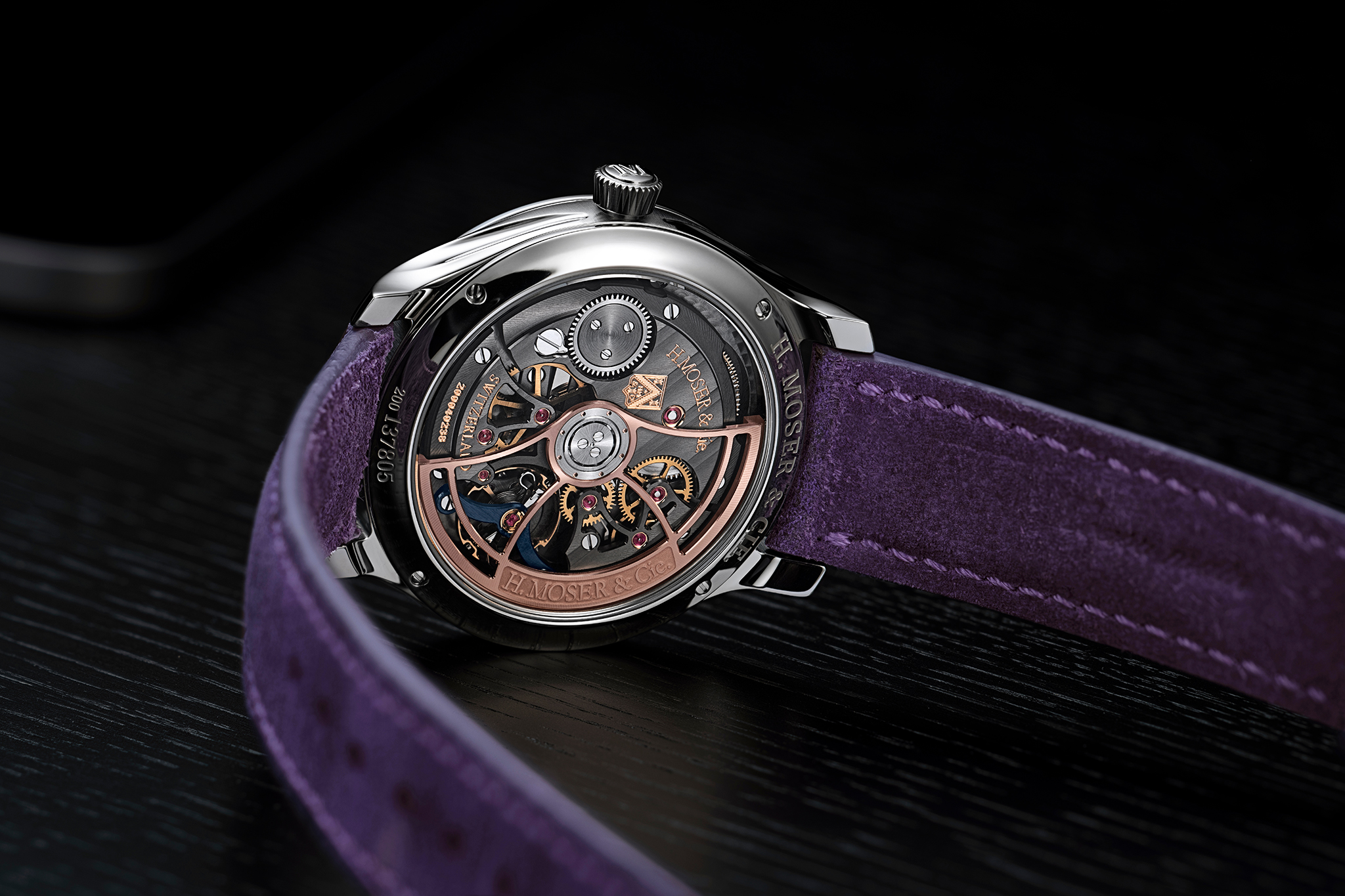 The Endeavour Centre Seconds Concept Purple Enamel by H. Moser & Cie., reference 1201-1200, steel model, Purple Haze fumé dial, purple kudu leather strap.