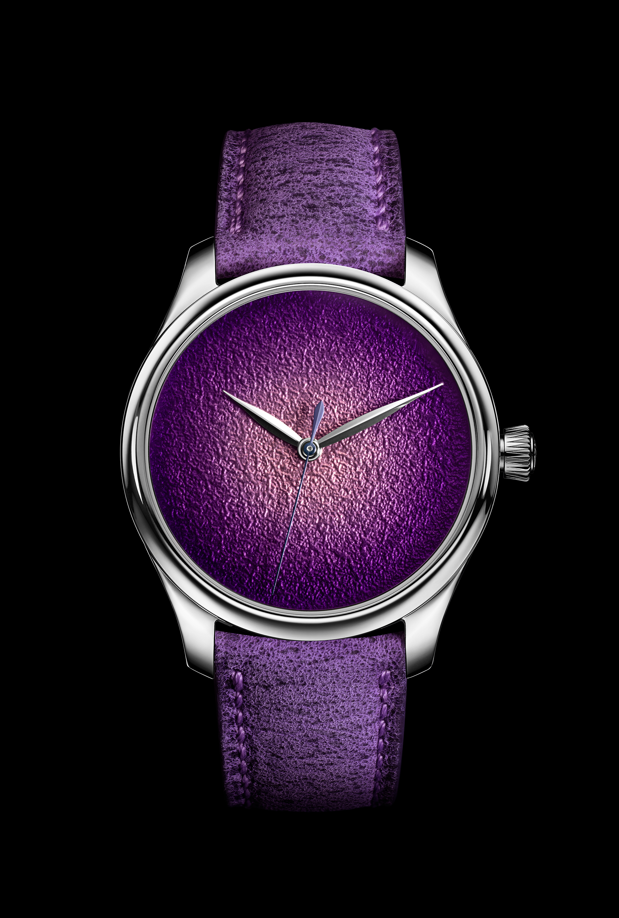 The Endeavour Centre Seconds Concept Purple Enamel by H. Moser & Cie., reference 1201-1200, steel model, Purple Haze fumé dial, purple kudu leather strap.