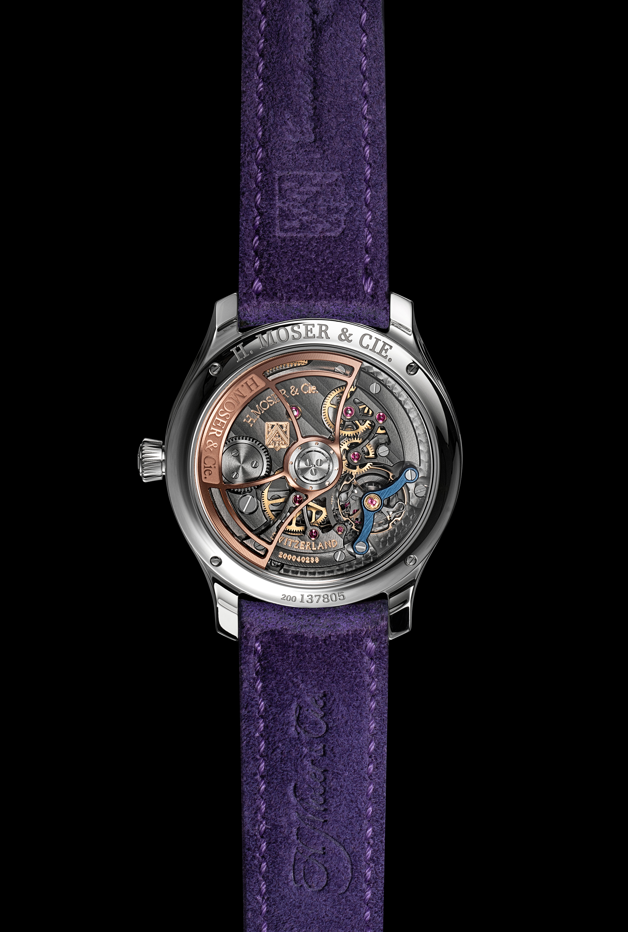 The Endeavour Centre Seconds Concept Purple Enamel by H. Moser & Cie., reference 1201-1200, steel model, Purple Haze fumé dial, purple kudu leather strap.