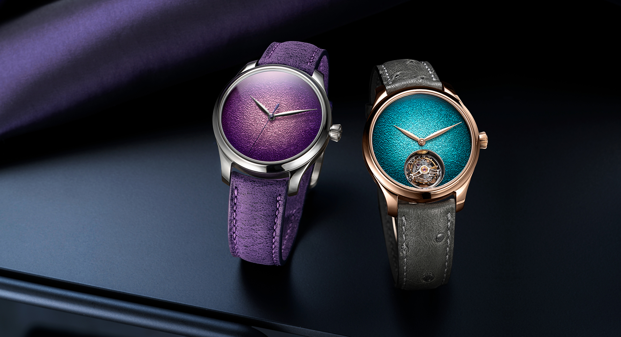 The Endeavour Centre Seconds Concept Purple Enamel & The Endeavour Tourbillon Concept Turquoise Enamel by H. Moser & Cie