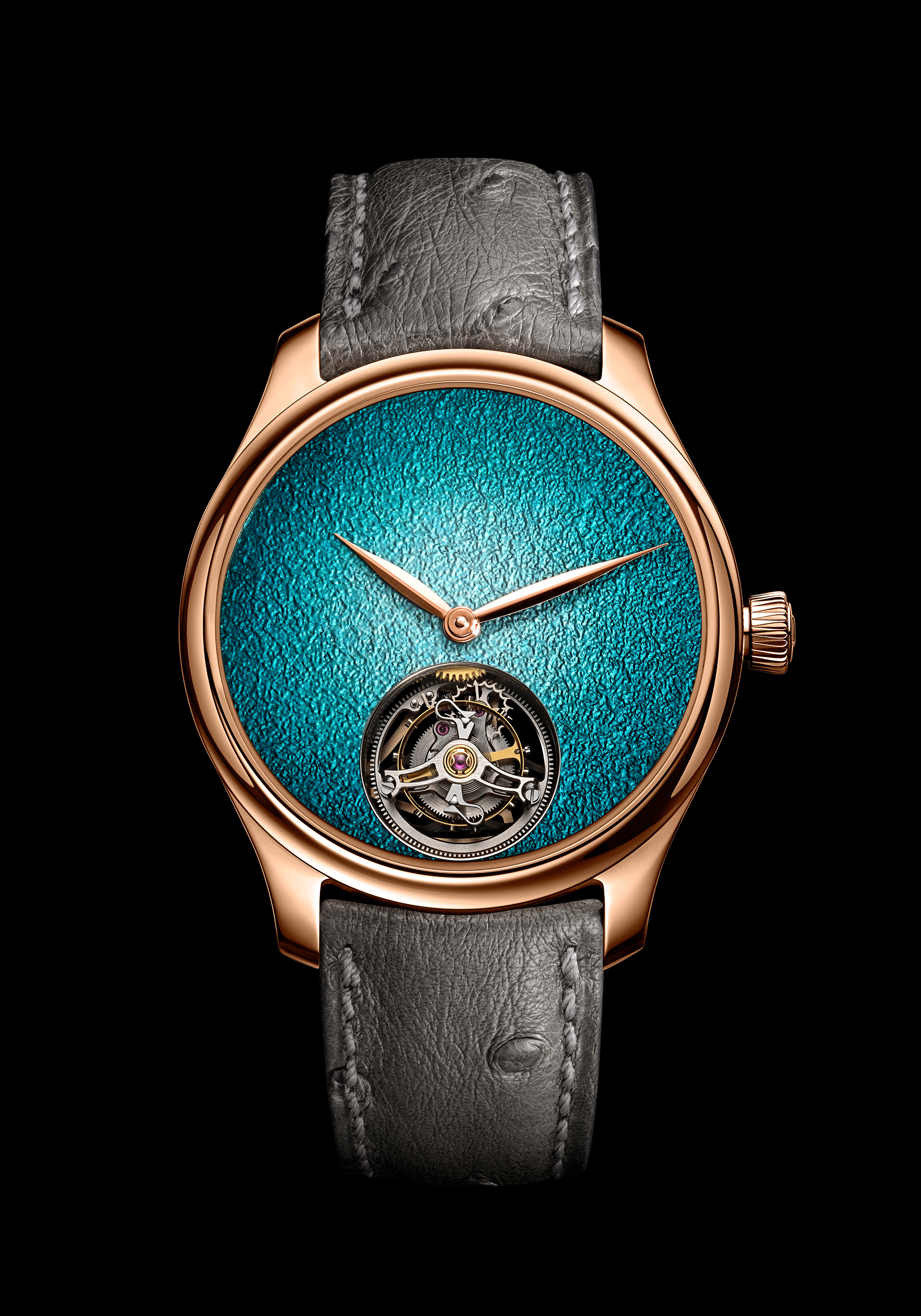 The Endeavour Tourbillon Concept Turquoise Enamel by H. Moser & Cie., reference 1805-0400, 5N red gold model, Turquoise fumé dial, grey ostrich leather strap.