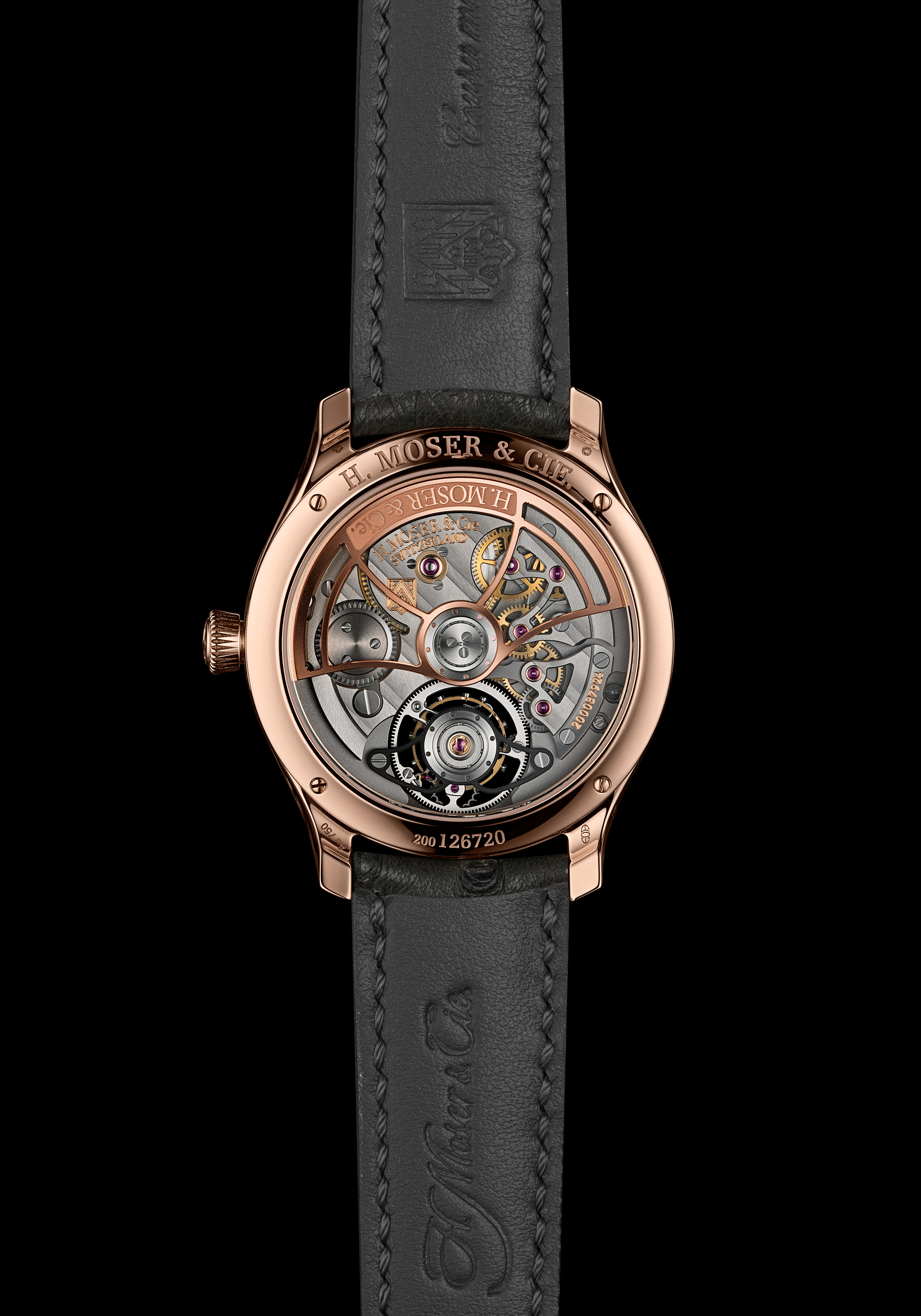 The Endeavour Tourbillon Concept Turquoise Enamel by H. Moser & Cie., reference 1805-0400, 5N red gold model, Turquoise fumé dial, grey ostrich leather strap.