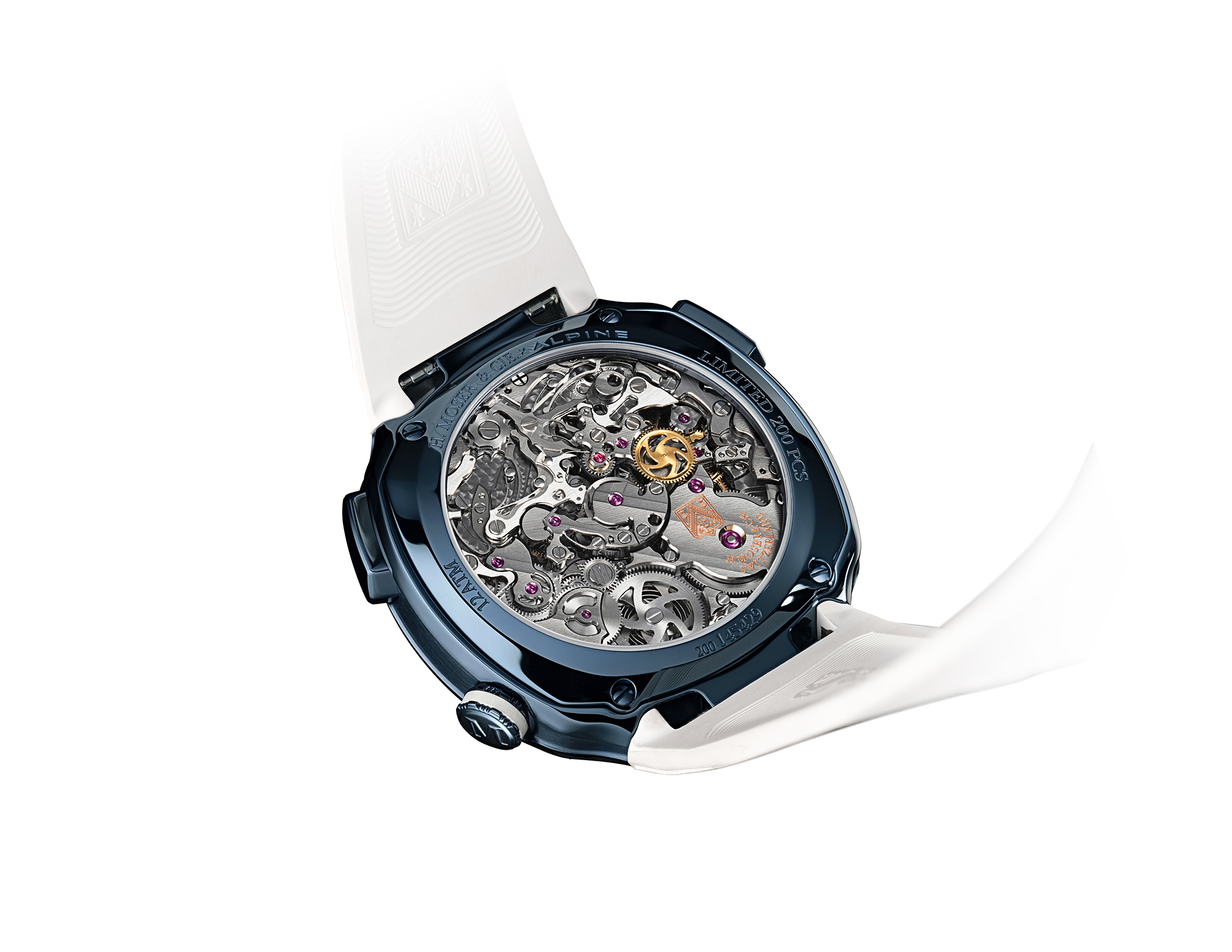 The Streamliner Alpine Drivers Edition, reference 6700-1200, steel model with blue PVD treatment, skeleton dial, integrated white rubber strap, limited edition of 200 pieces