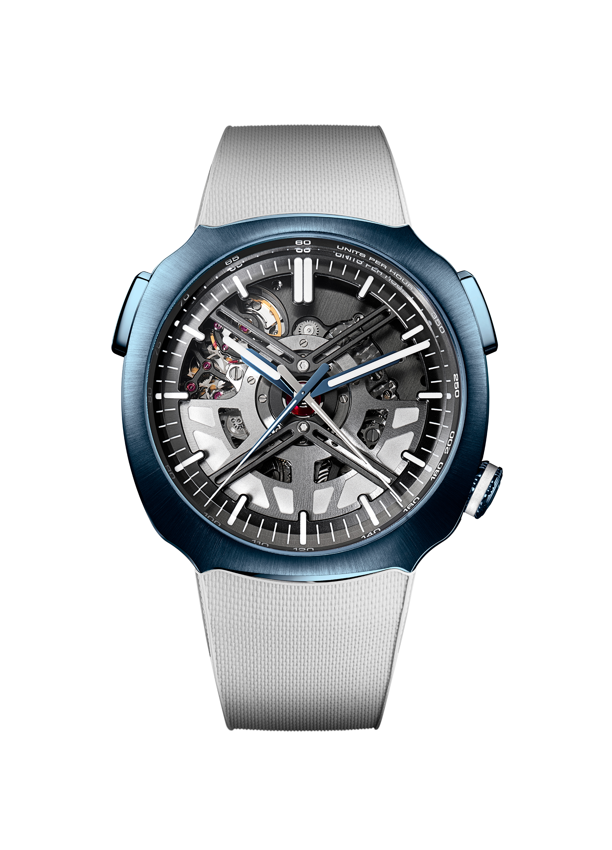 The Streamliner Alpine Drivers Edition, reference 6700-1200, steel model with blue PVD treatment, skeleton dial, integrated white rubber strap, limited edition of 200 pieces