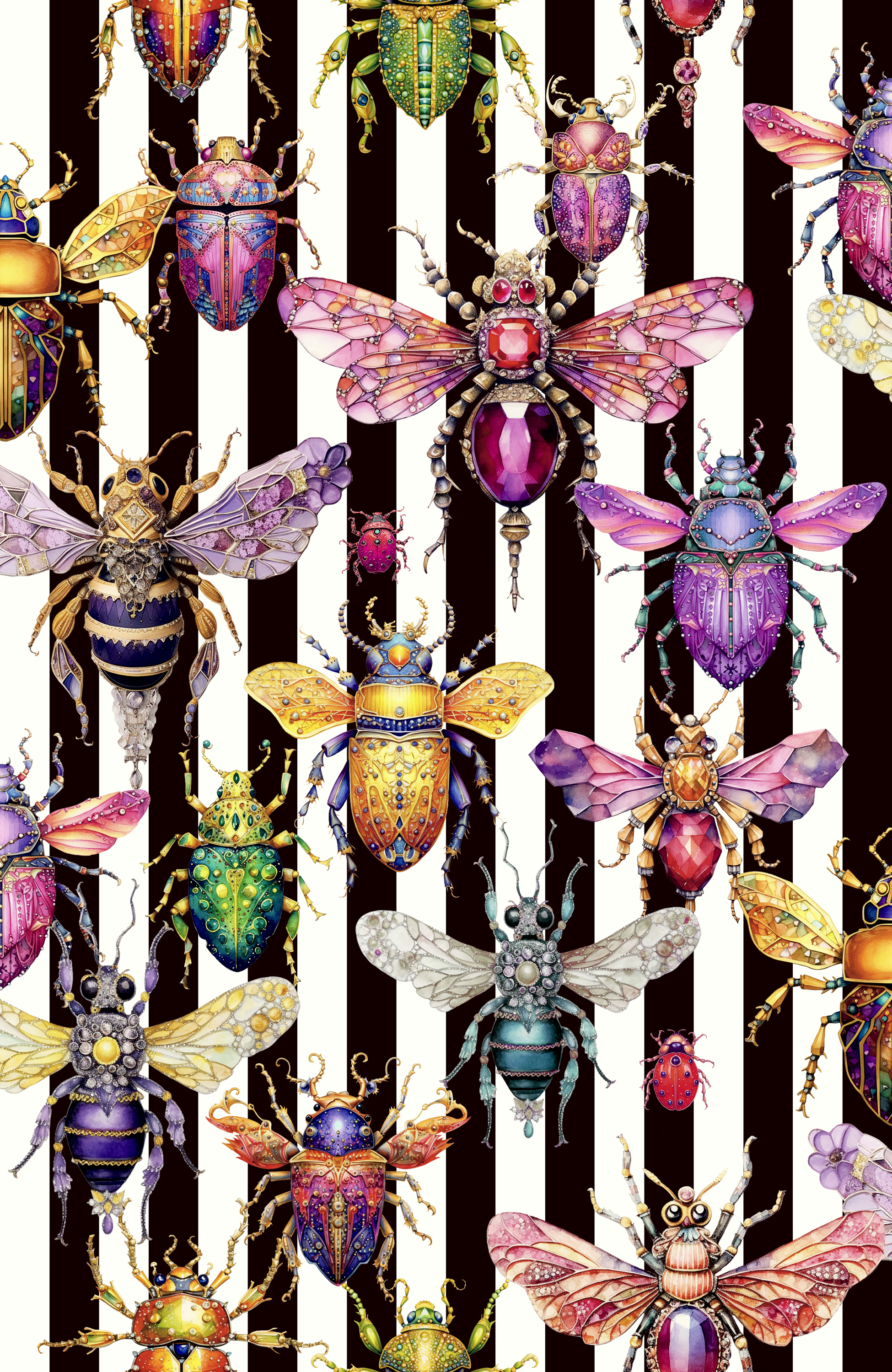 Bejewelled Bugs Wallpaper
Designed by Siobhan Murphy, Bejewelled Bugs Wallpaper brings maximalist elegance to life with jewel-toned insects set against bold stripes. Intricately detailed with motifs of diamonds, rubies, and emeralds, this striking design adds a playful yet luxurious touch to any space. Available in five rich colorways, it's the perfect choice for a feature wall that doubles as art.
