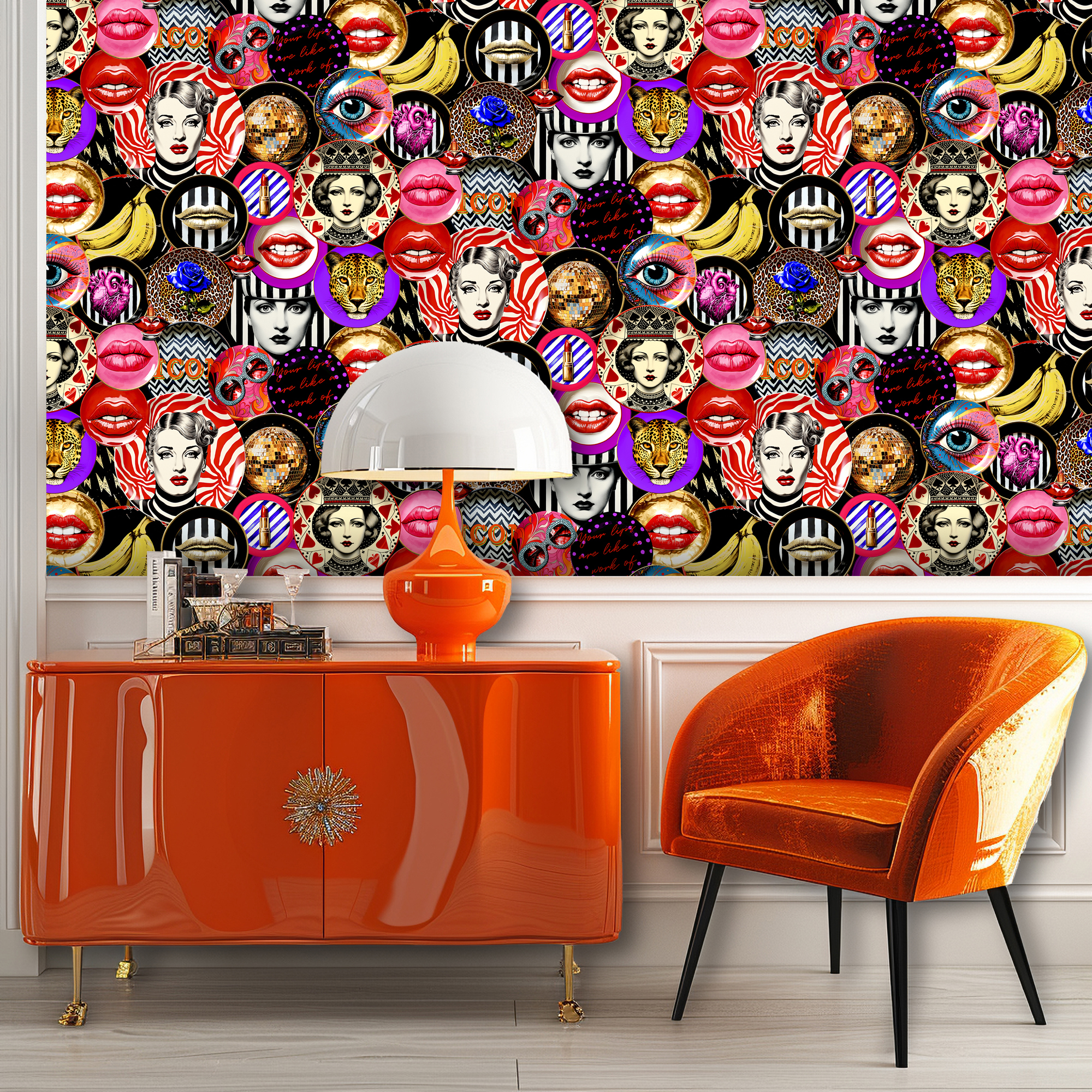 Rock N Roll Iconic Plates Wallpaper
Designed by Siobhan Murphy for Interior Curve, Rock N Roll Iconic Plates Wallpaper channels the bold spirit of rock 'n' roll through eclectic ceramic plate motifs-featuring lips, disco balls, leopard heads, and jeweled sunglasses. With a choice of three striking background colors, this maximalist design blends monochrome edge with playful glamour, making it a standout statement in any modern space.