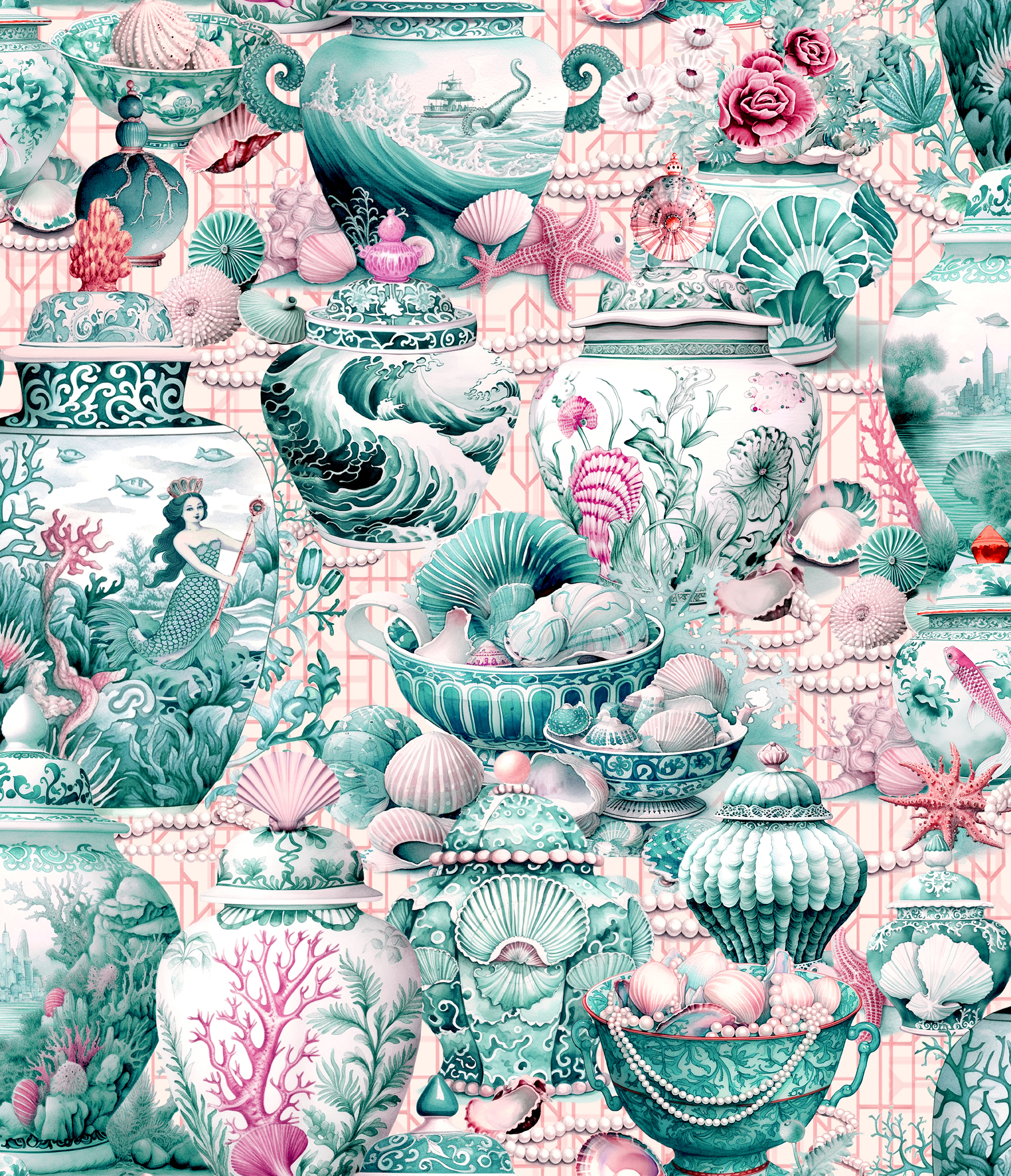 Secrets of the Ginger Jars Wallpaper
Designed by Siobhan Murphy, Secrets of the Ginger Jars Wallpaper combines ornate ginger jars and pearls with hidden details like the New York skyline, playful sea creatures, and enchanting mermaids. This bold, maximalist design comes in a set of two rolls and transforms any space into a whimsical conversation piece. A striking blend of elegance and surprise, it's a true statement for imaginative interiors.