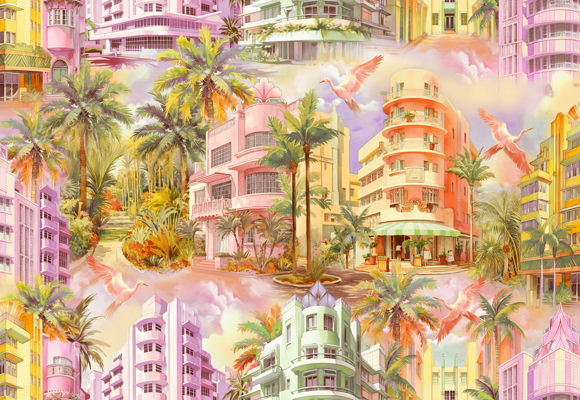 South Beach Dreams Wallpaper
Designed by Siobhan Murphy, South Beach Dreams Wallpaper brings the vibrant charm of Miami's Art Deco district into your home. Featuring pastel watercolor illustrations of iconic houses and hotels, this bold, maximalist design adds sophistication and glamour to any space. Available in five dreamy colorways and sold in sets of two rolls, it's ideal for feature walls or full-room applications-from lounges to bathrooms-making every room a conversation starter.