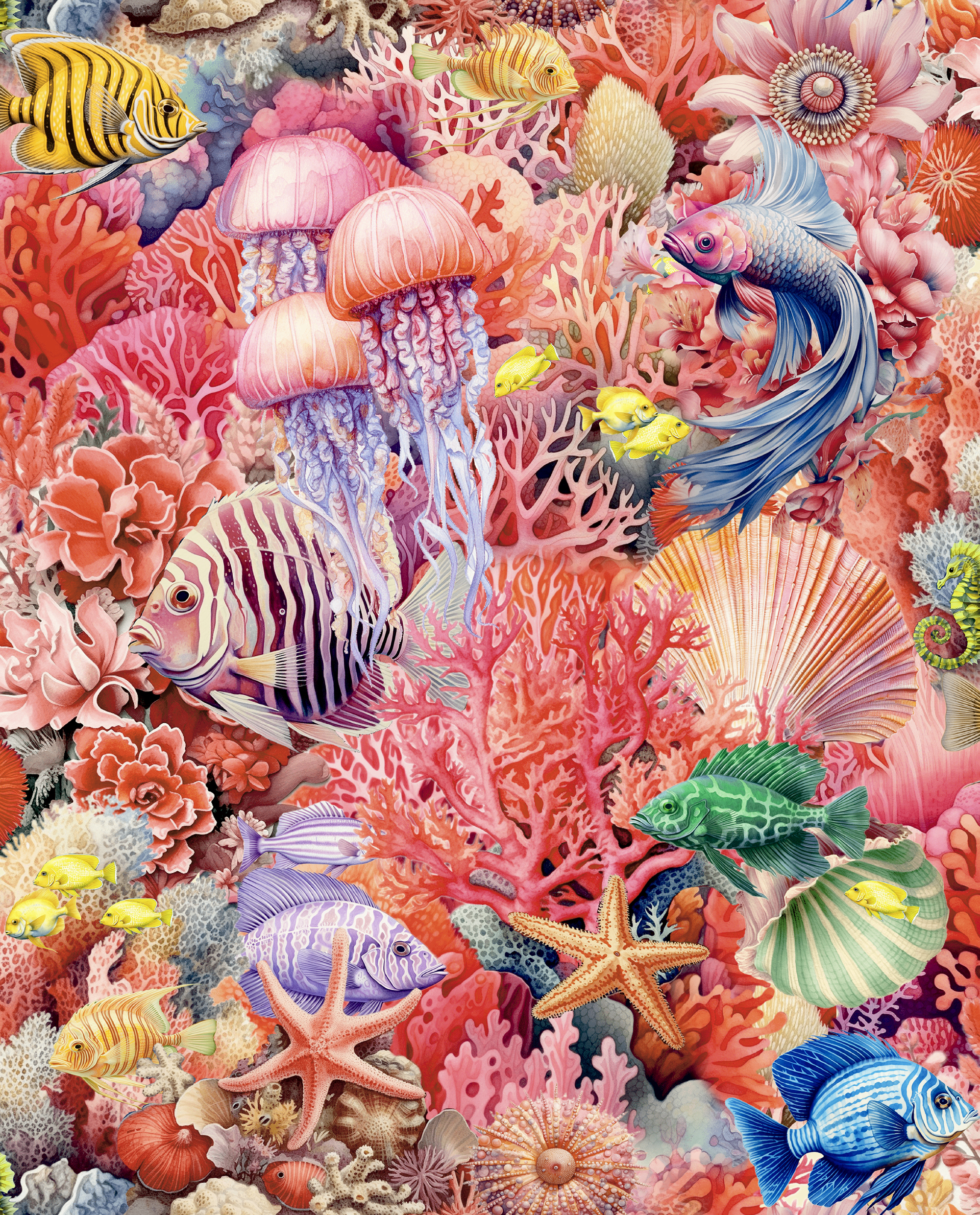 Treasures of the Sea Wallpaper
Designed by Siobhan Murphy, Treasures of the Sea Wallpaper captures the magic of underwater life in a bold, maximalist design. Adorned with coral, tropical fish, shells, and shimmering jewels, this vibrant wallpaper brings the ocean's beauty to your walls. Available in five captivating colorways, it's a perfect fit for any space-from statement bathrooms to dreamy bedrooms.