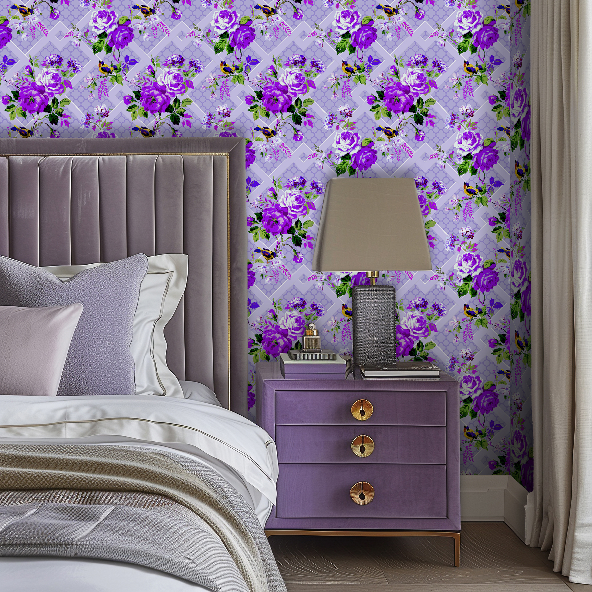 Trellis Garden Wallpaper
Designed by Siobhan Murphy, Trellis Garden Wallpaper features a bold geometric trellis pattern adorned with tropical birds and roses. Available in three vibrant colorways, this maximalist design brings glamour and sophistication to any room-from lounges to bathrooms and beyond. Elevate your space with a lush, artistic statement.