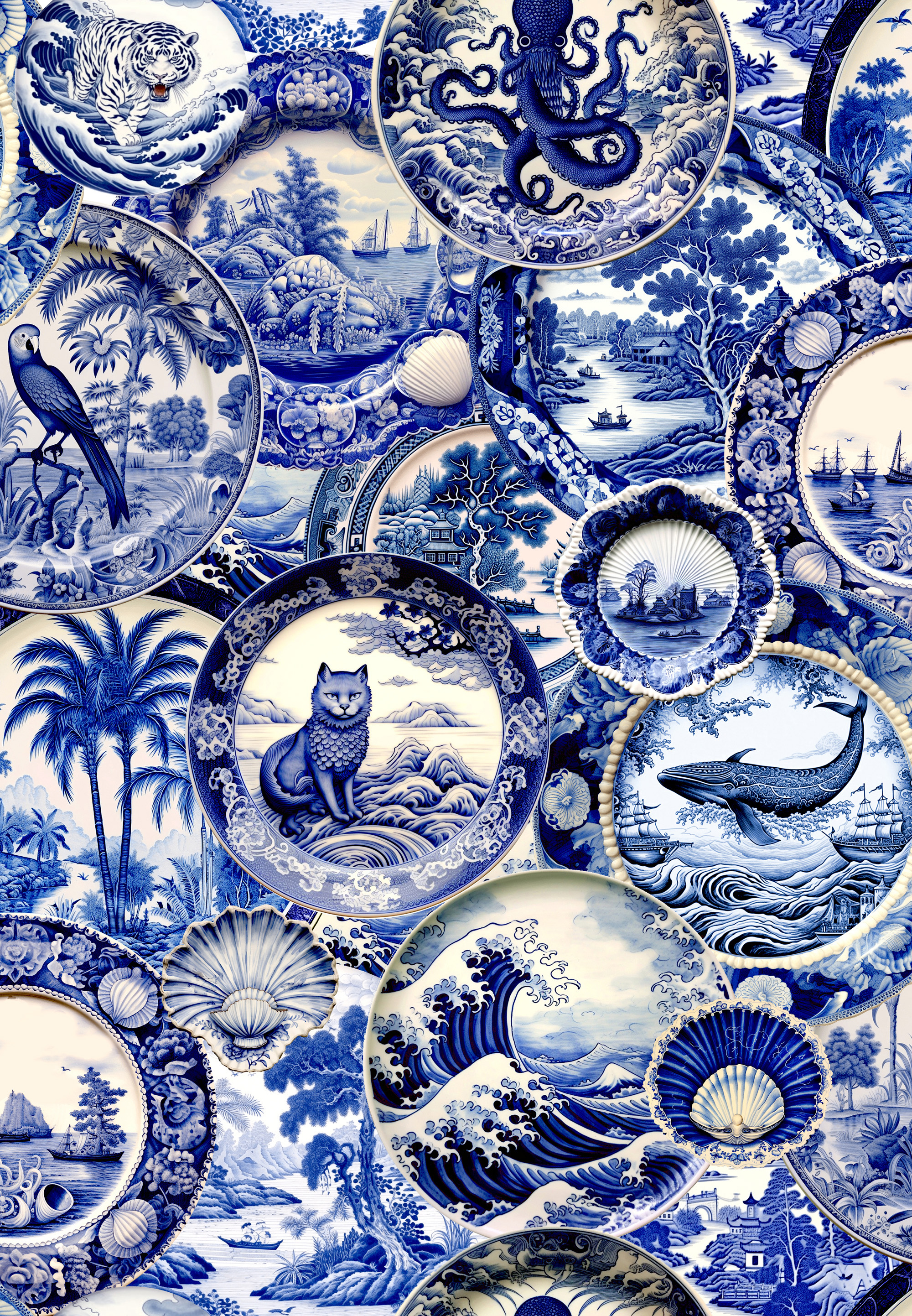 Whimsical Willow Plates Wallpaper
Designed by Siobhan Murphy, Whimsical Willow Plates Wallpaper features intricately illustrated ceramic plates adorned with mythical creatures-cats, tigers, birds, and octopuses. Available in four bold colorways, this maximalist design brings a vibrant, artistic statement to any space. Ideal for those seeking a sophisticated, conversation-starting feature wall.