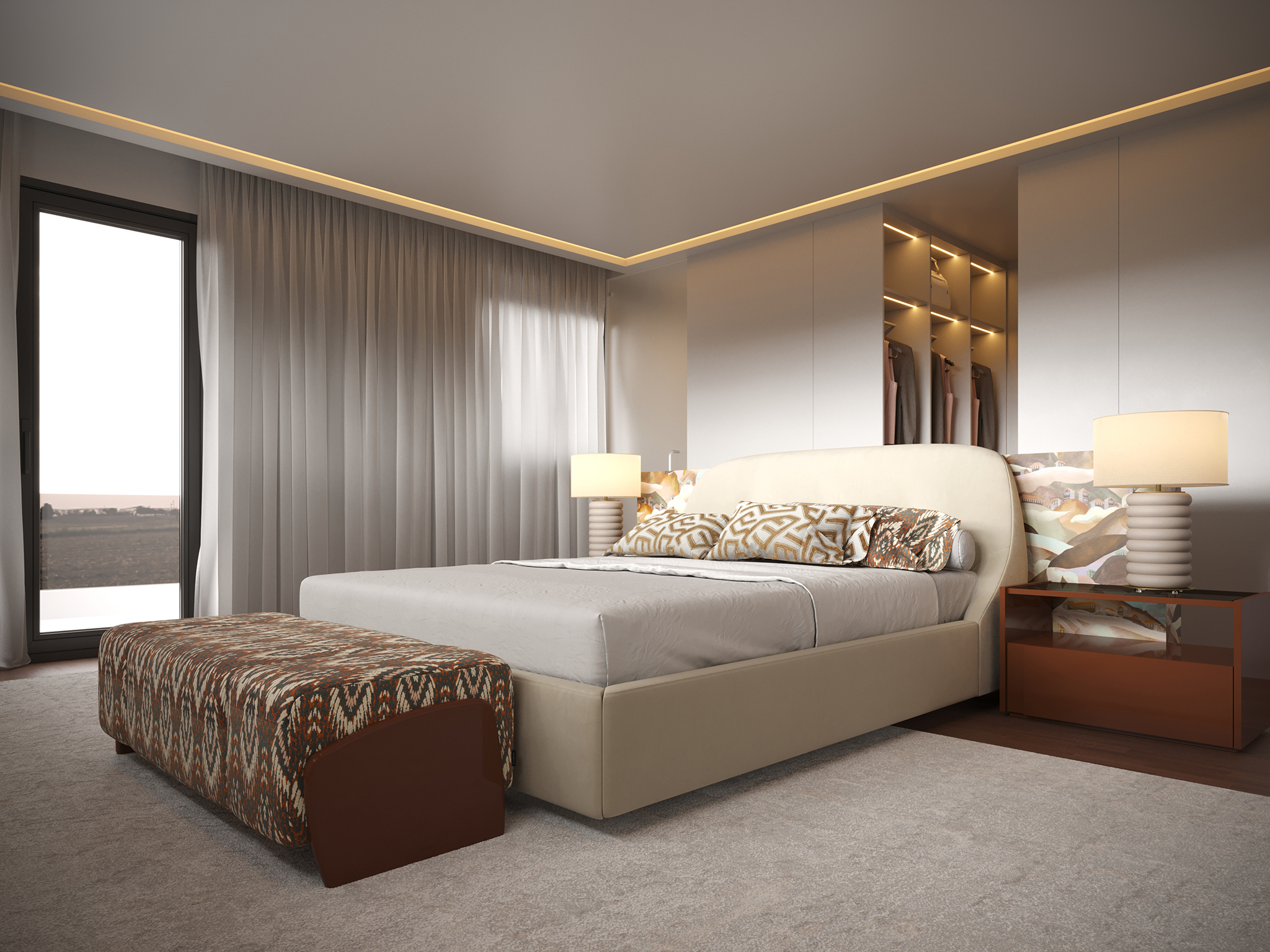 Marrakesh Villa Bedroom - Voilier Bed, Margem Bench, Sevilha Night Table II