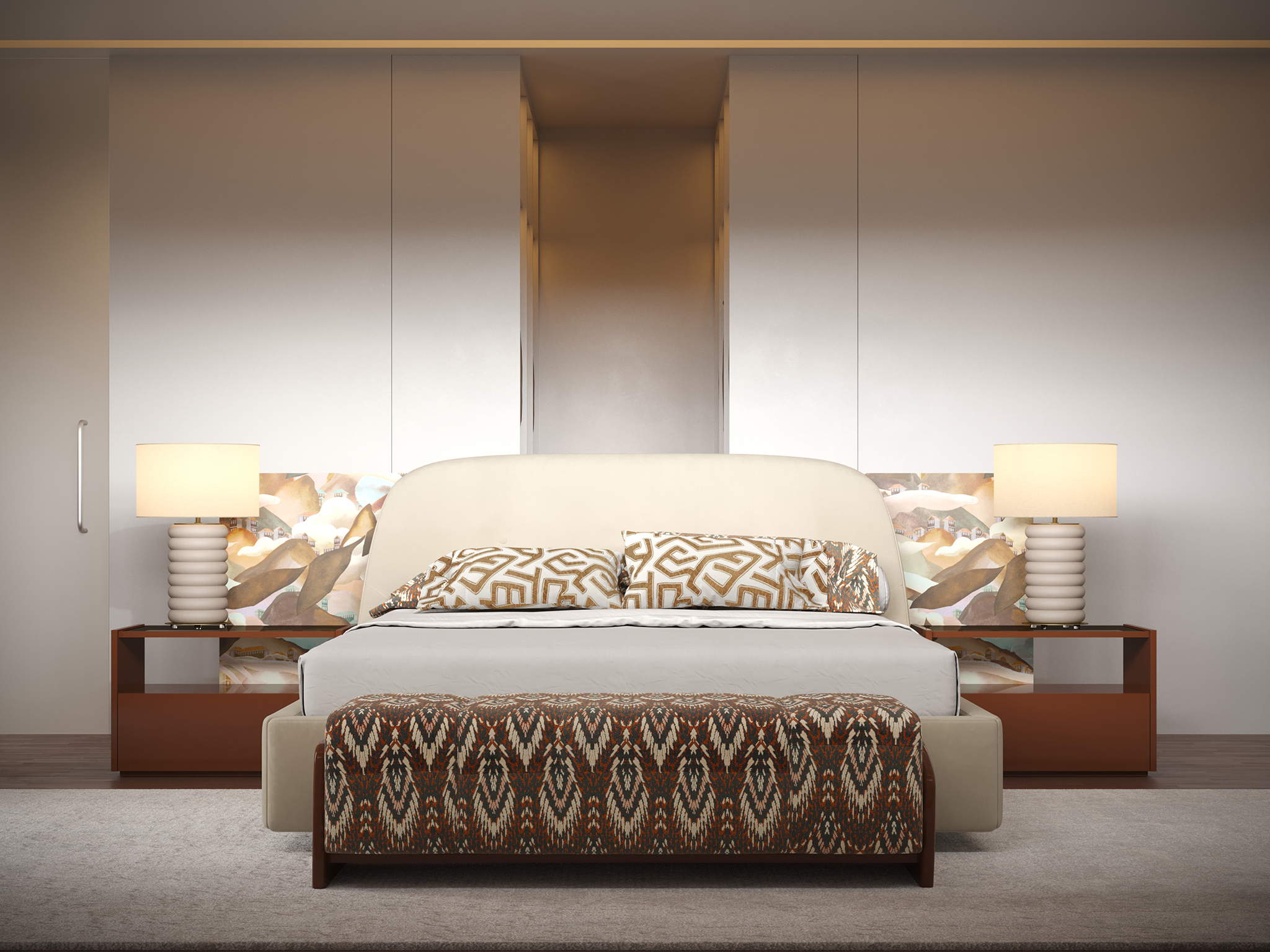 Marrakesh Villa Bedroom - Voilier Bed, Margem Bench, Sevilha Night Table II