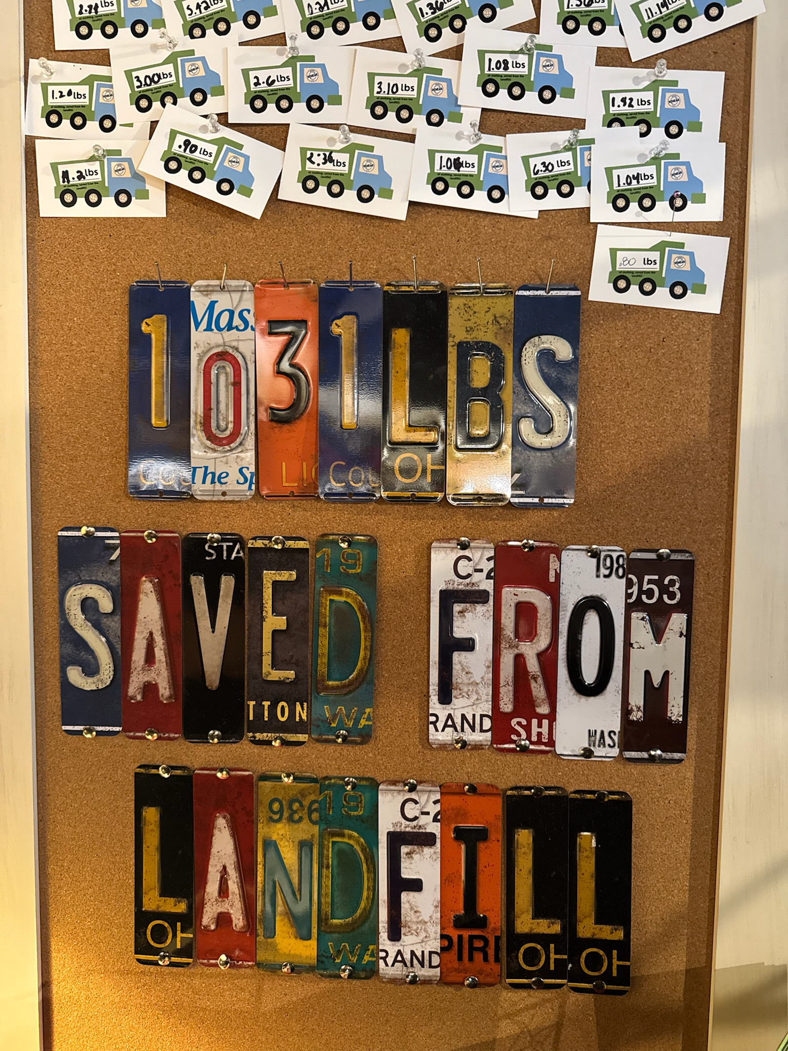 A license plate art installation tracks the number of pounds saved from landfills - part of the in-store Landfill Project. Photo courtesy of Project ReWear.