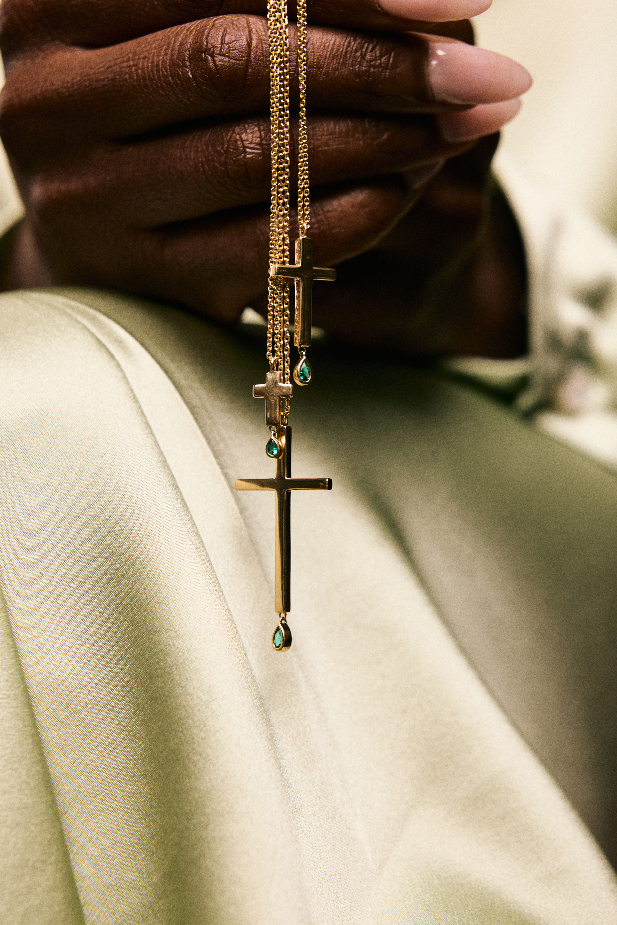 Jesus Wept, Cross Pendants in 18k Gold and Sterling Silver with Emerald
Photography by Ben Pigao, courtesy of Bible Club