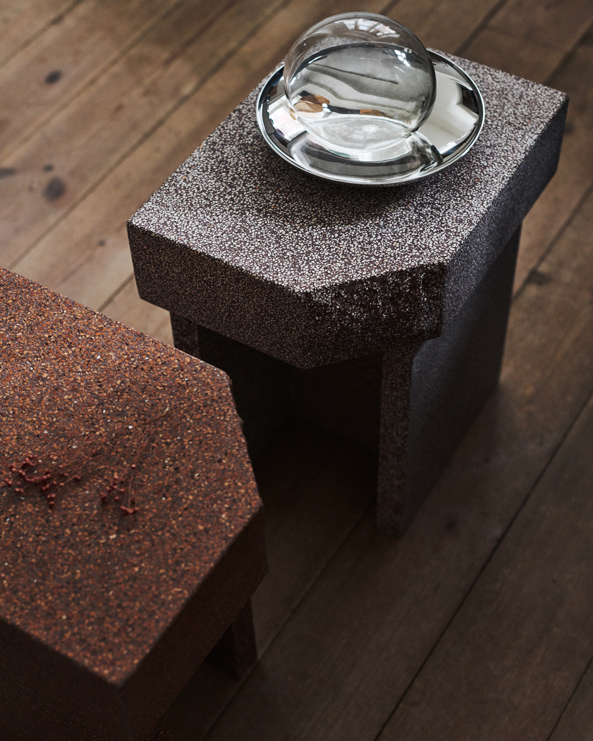 Fogia and Monica Förster Unveil New Table System Made in Groundbreaking New Marble Waste Material. (Photography by Maja Johansson, courtesy of Fogia.)