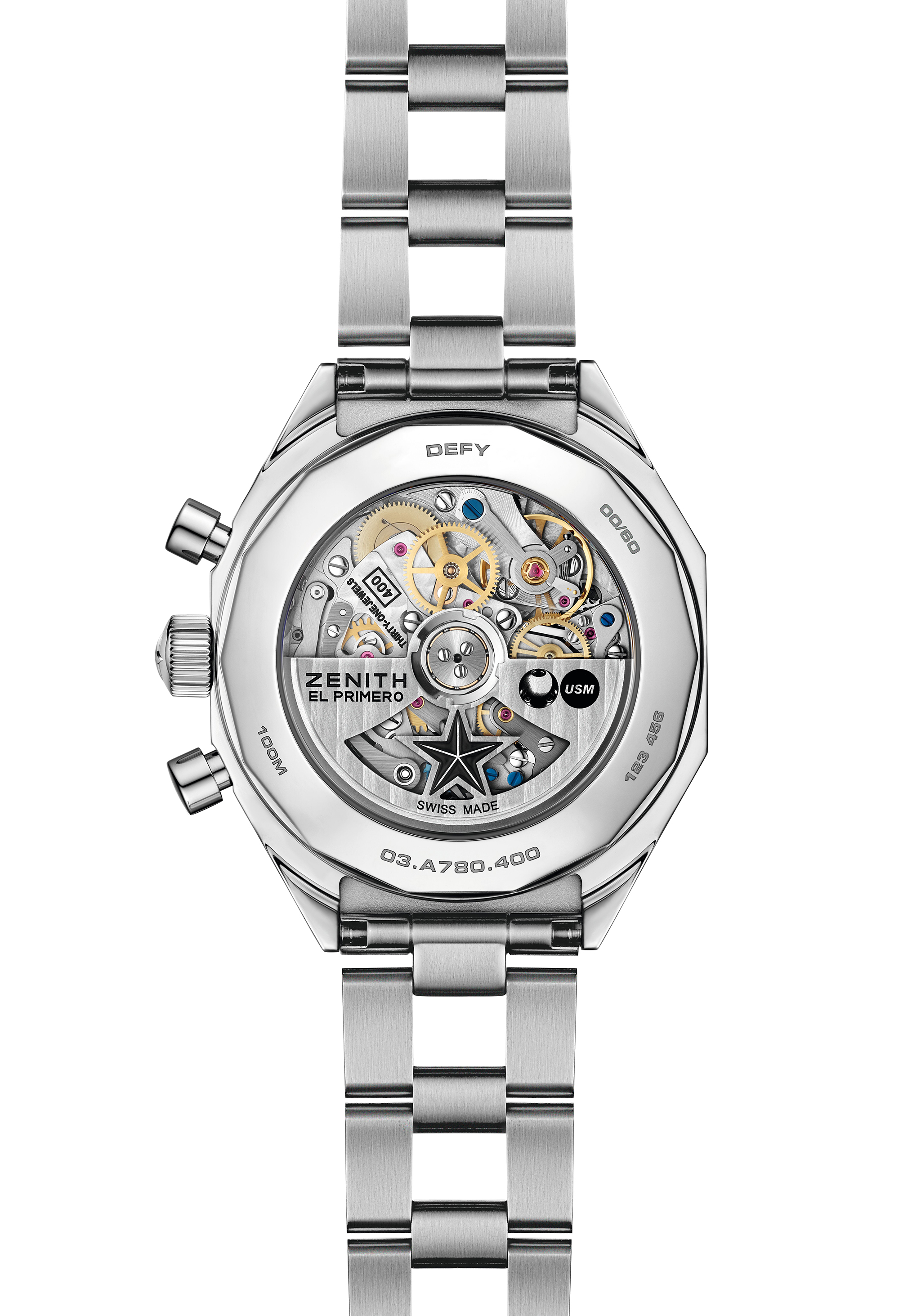 DEFY Chronograph USM - Case Back
Visible through the transparent sapphire case-back, the movement's rotor is adorned with an openworked ZENITH star motif, flanked by the ZENITH El Primero and USM logos, a refined detail that speaks to the harmony between horological and architectural precision.