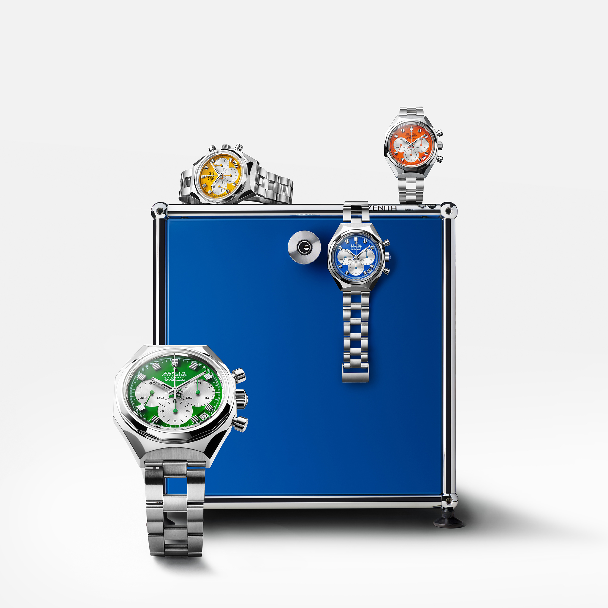 DEFY CHRONOGRAPH USM: Available in four vibrant USM signature colors - USM Green, USM Pure Orange, USM Golden Yellow, and USM Gentian Blue. Each watch is available individually or as a set, each option includes the exclusive USM Haller timepiece chest.