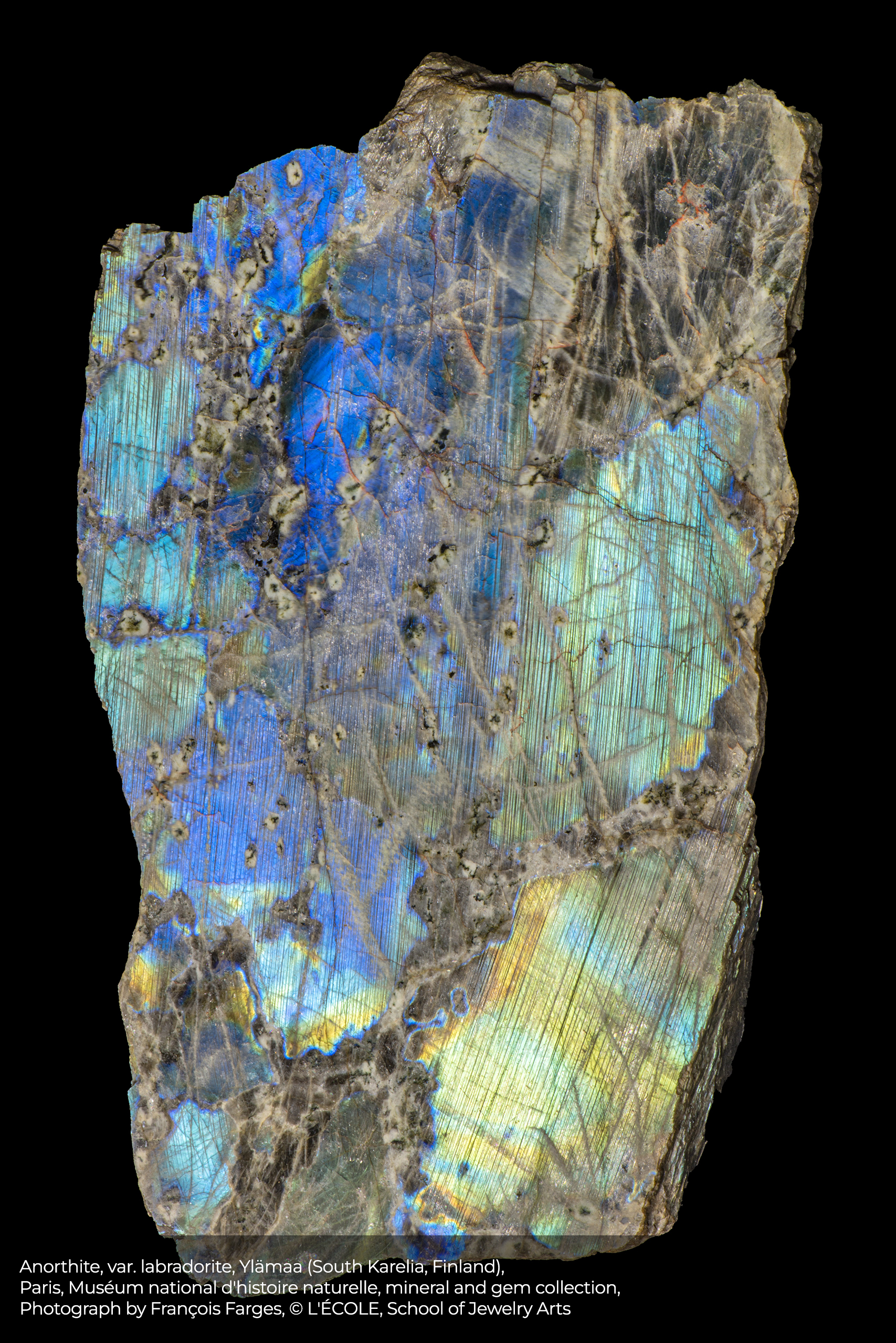 Anorthite, var. labradorite, Ylämaa (South Karelia, Finland), Paris, Muséum national d'histoire naturelle, mineral and gem collection, Photo by François Farges © L'ÉCOLE, School of Jewelry Arts