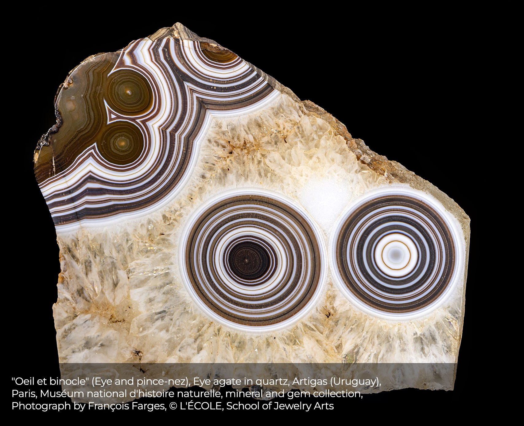 "Oeil et binocle" (Eye and pince-nez), Eye agate in quartz, Artigas (Uruguay), Paris, Muséum national d'histoire naturelle, mineral and gem collection, Photo by François Farges © L'ÉCOLE, School of Jewelry Arts