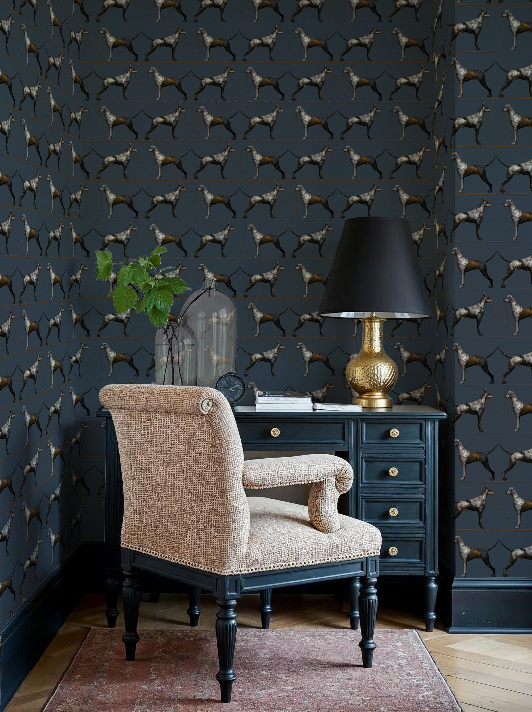 You Don't Find The Light By Avoiding The Darkness by Magnus Gjoen for Feathr In a juxtaposition of strong Dobermann Pinscher dogs and controlled floral designs, You Don't Find the Light by Avoiding the Darkness is a unique design by Magnus Gjoen. The blue floral dog pattern wallpaper features a linear composition that exudes power while incorporating a touch of gentleness into the wallpaper.
