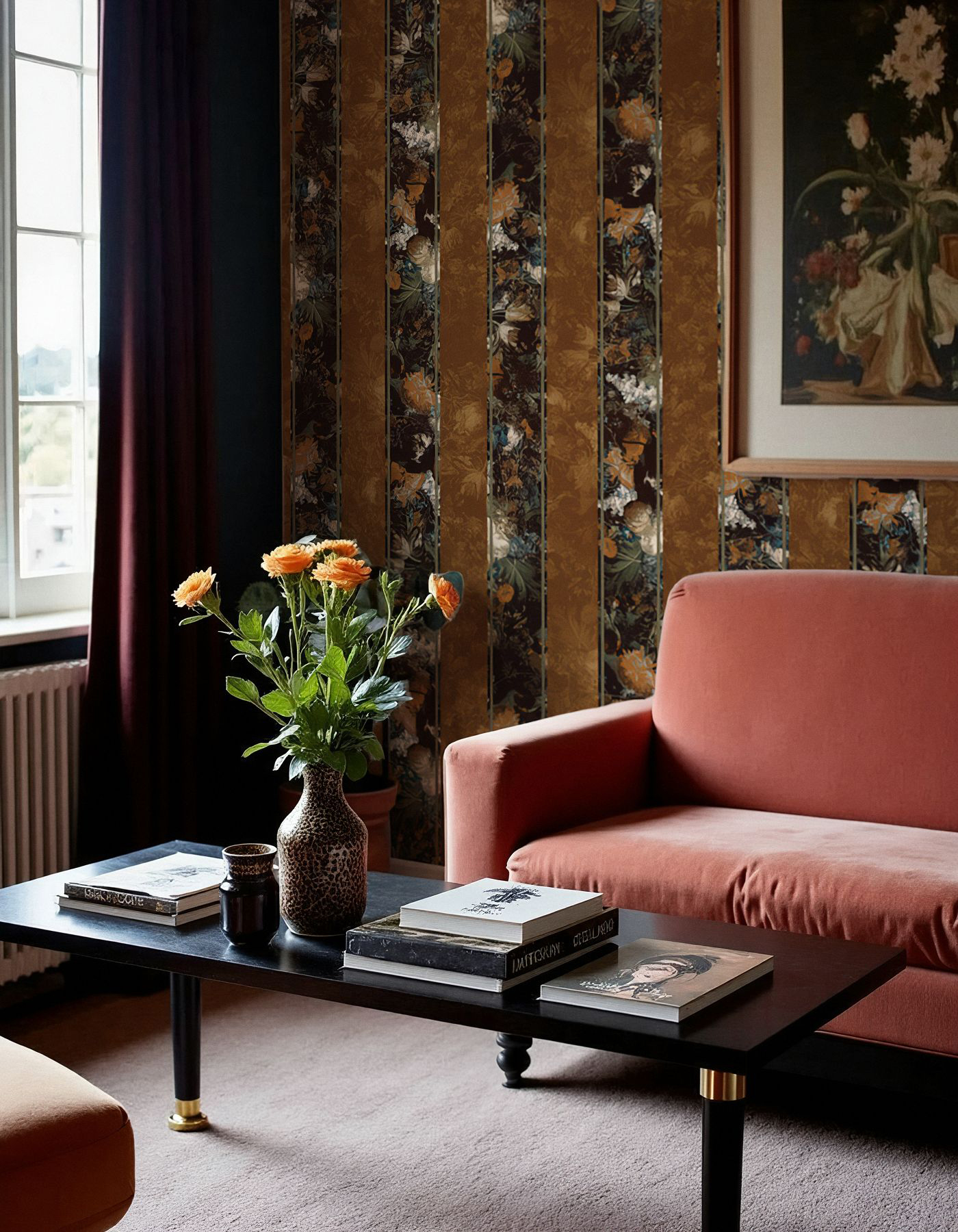 o Use Crying For Roses When Forests Are Burning by Magnus Gjoen for Feathr Inspired by traditions ranging from the Arts & Craft movement through to Venetian Rococo and Babylonian frescoes, the maximalist No Use Crying For Roses wallpaper uses toned stripes to create a formal structure from a lush medley of oil-painted florals. Rendered in the colors of the earth and evening No Use Crying For Roses is a floral wallpaper to bring intensity and drama into a room.