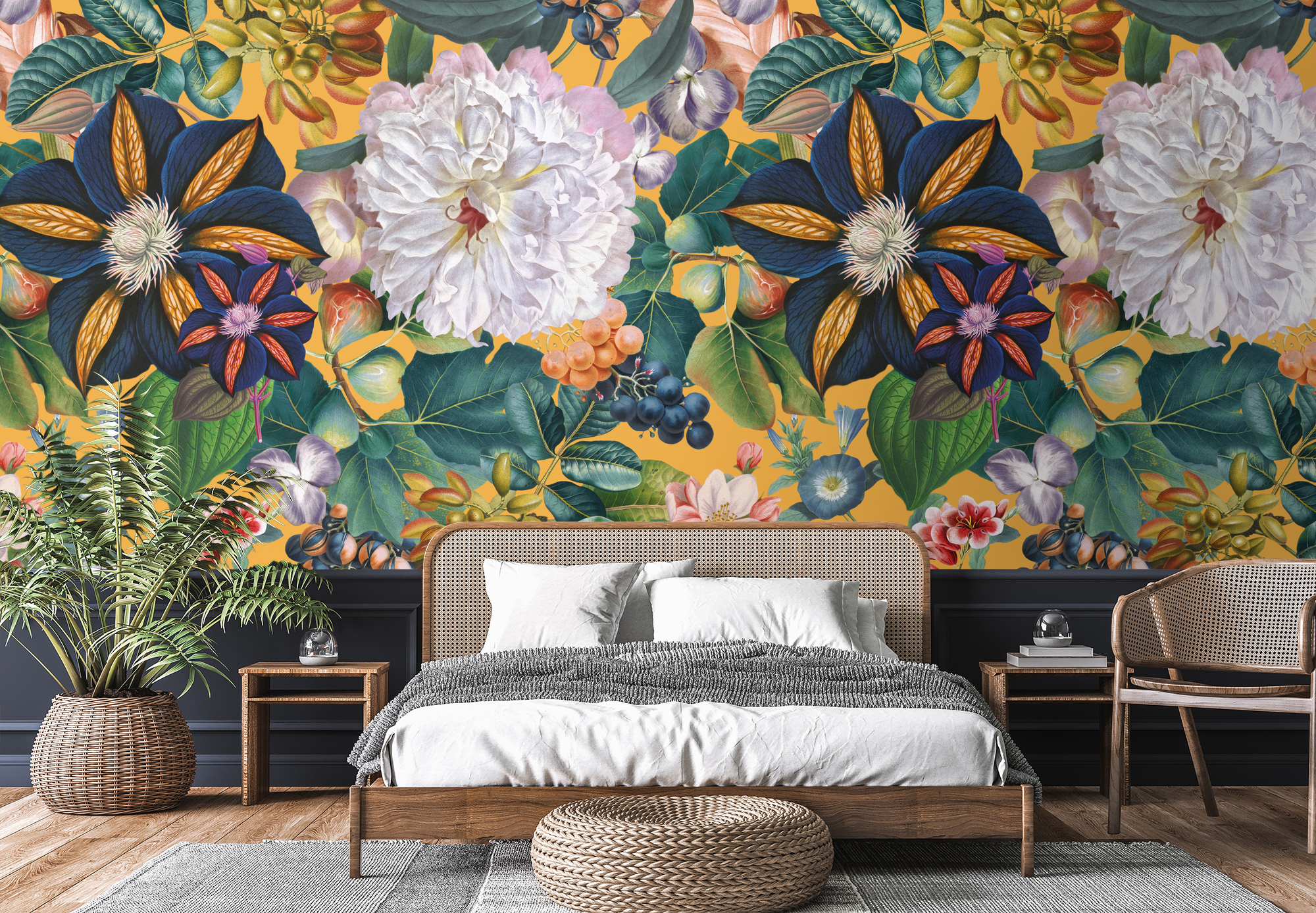 Made-to-measure large colorful Garden of Eden II, Floral Wallpaper mural by Burcu Korkmazyurek at Wallsauce.com. Available to order onto a variety of wallpapers, including paste the wall and peel and stick that's great for rented accommodation