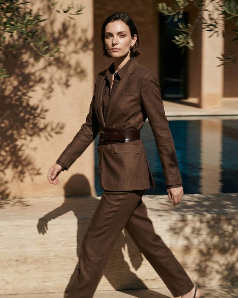 Chocolate Brown Stretch Cotton-Linen Essential Blazer, Chocolate Brown Cotton-Linen Cigarette Pants, Intense Brown Linen-Cotton Dress Shirt by Sumissura