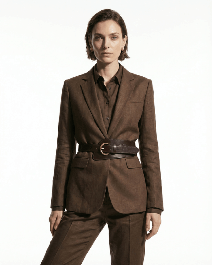 Chocolate Brown Stretch Cotton-Linen Essential Blazer, Chocolate Brown Cotton-Linen Cigarette Pants, Intense Brown Linen-Cotton Dress Shirt by Sumissura
