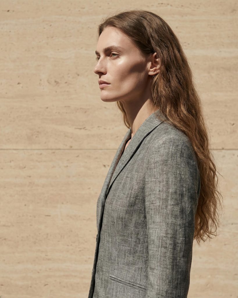 Dark Gray Herringbone Linen Midi Skirt Suit by Sumissura