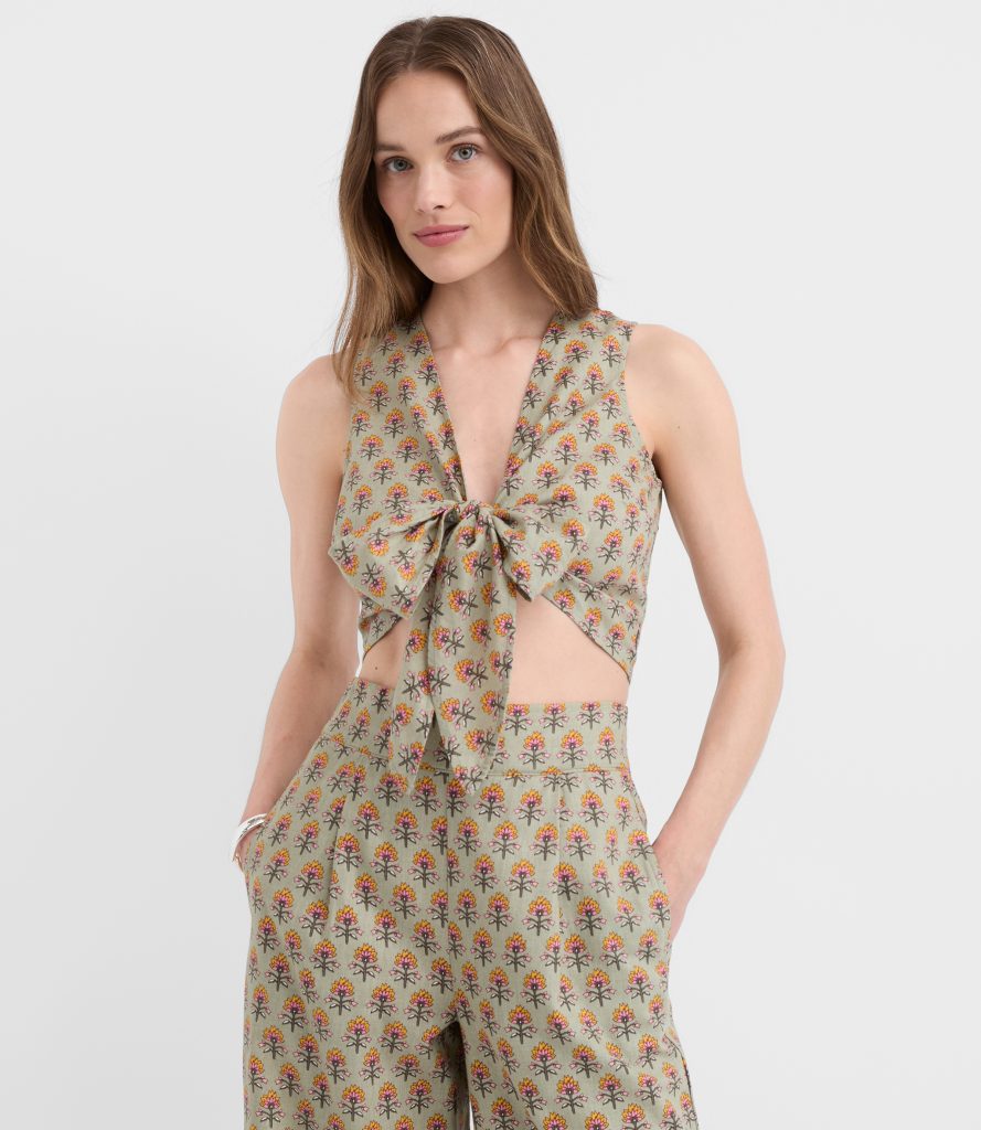 LOFT Beach Garden Linen Cotton Tie Front Top - Wide Leg Pants