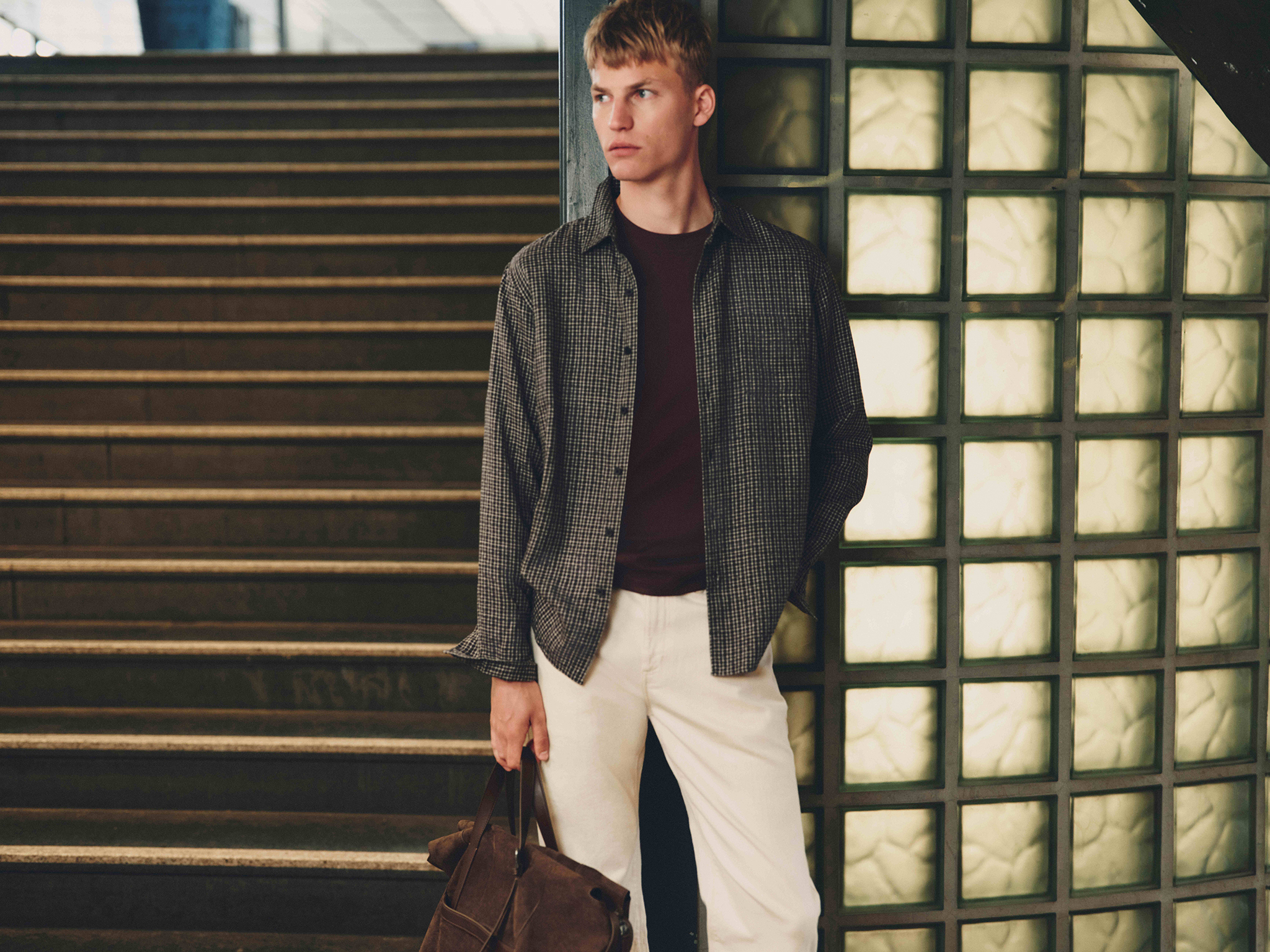 M&S - Collared Button Up, Shirt, Jeans Light Stone, Shoes and Brown Belt. Photo: Marks and Spencer.