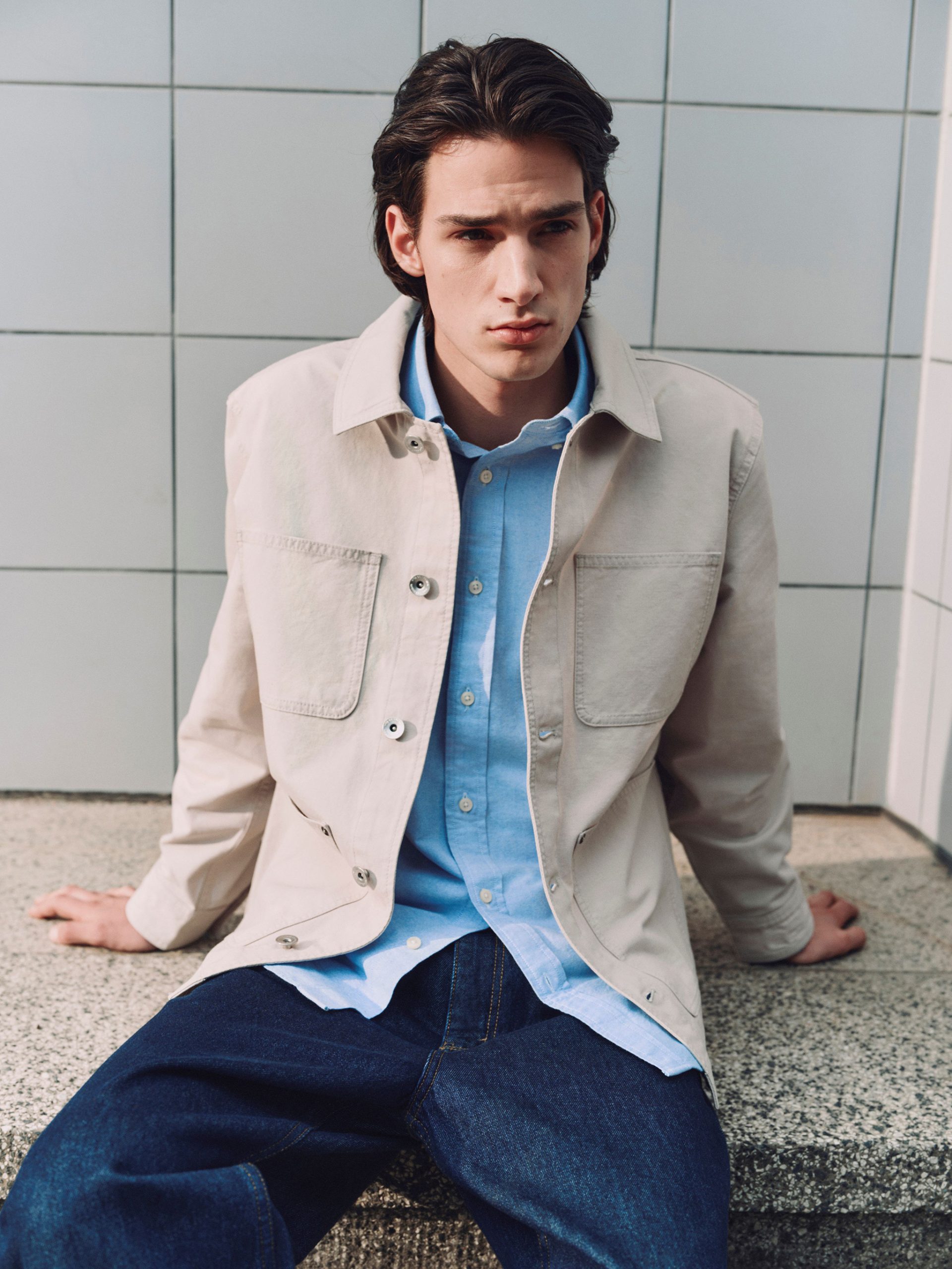 M&S - Light Cotton Jacket Nuetral, Oxford Shirt and Dark Indigo Rigid Jean. Photo: Marks and Spencer.
