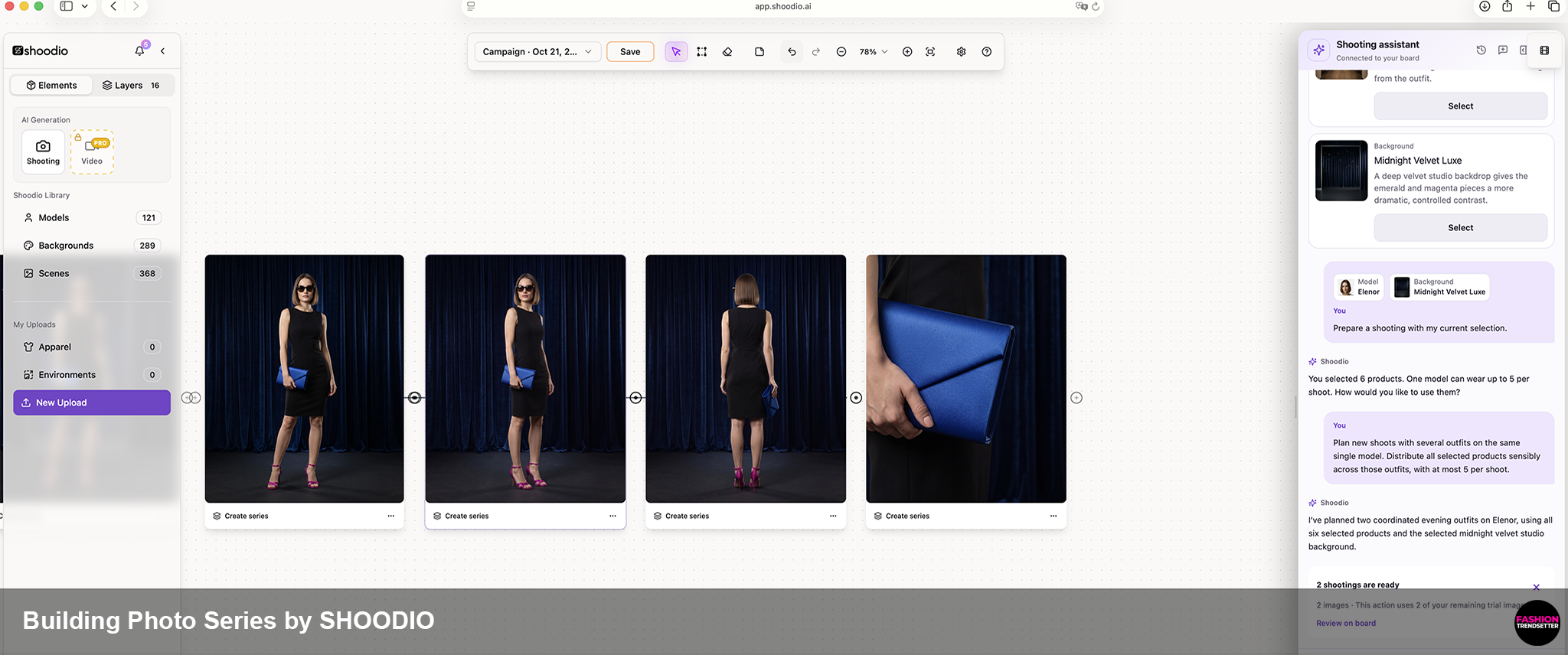 Building Photo Series by SHOODIO Transform a favorite shot into a consistent set of photographs. Preserve the original look with the same models, outfits, and location, while exploring new poses and perspectives. The original image and its references accompany every shot.