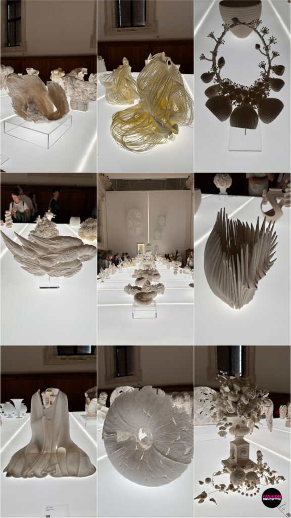 Homo Faber 2026: An Island of Light - A Feast of Light A Feast of Light explored the transformative power of light through the delicate interplay of translucency, material, and form. Within the magnificent Palladian Refectory, a vertical line of light divided the space, illuminating a curated collection of white objects and revealing the subtle qualities of their surfaces. Delicate paper cuttings were displayed above a lightbox table featuring sculptural works in porcelain, glass, textiles, paper, and other materials. United by a restrained monochromatic palette, these creations demonstrated how light could reveal intricate details, soften contours, and lend materials an almost ethereal presence. Behind the wall, an extraordinary reproduction of Paolo Veronese's The Wedding at Cana offered a striking artistic counterpoint, connecting the contemporary celebration of craftsmanship with the grandeur of Venetian art. Photos © 2026, Senay Gokcen for Fashion Trendsetter.
